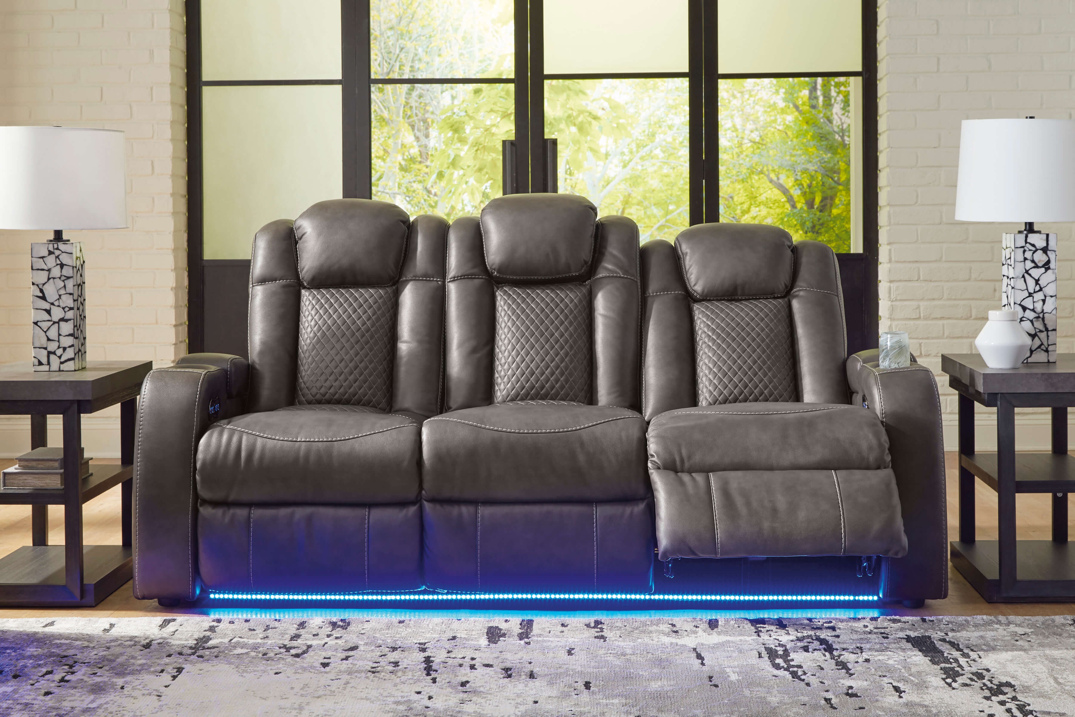 Fyne-Dyme Polyester/PU Power Reclining Sofa w/Ambient Blue LED Lighting