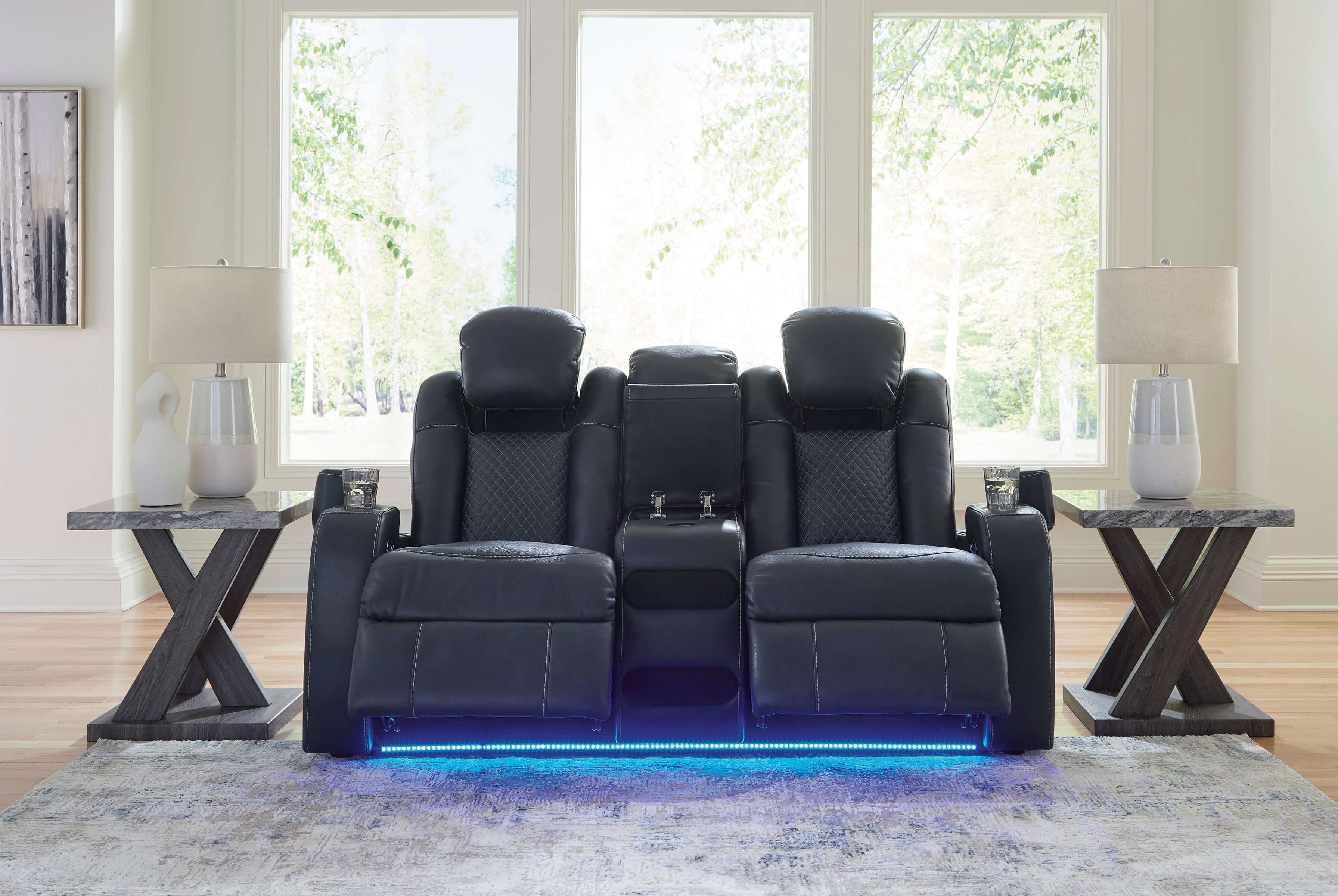Fyne-Dyme Polyester/PU Power Reclining Loveseat w/Ambient Blue LED Lighting