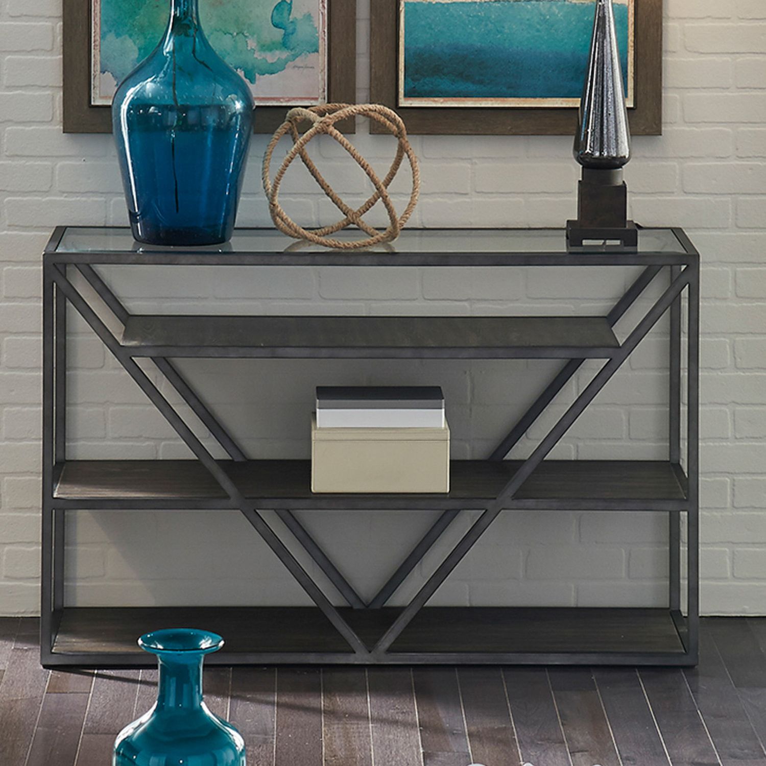 Arista Rectangular Metal/Wood/Glass Top Storage Sofa Table/Casters