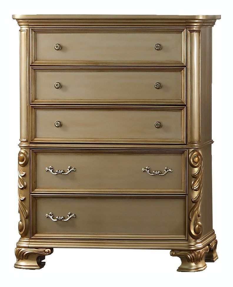 Cosmos Miranda Bedroom Set w/Leatherette Headboard &amp; Footboard, Gold