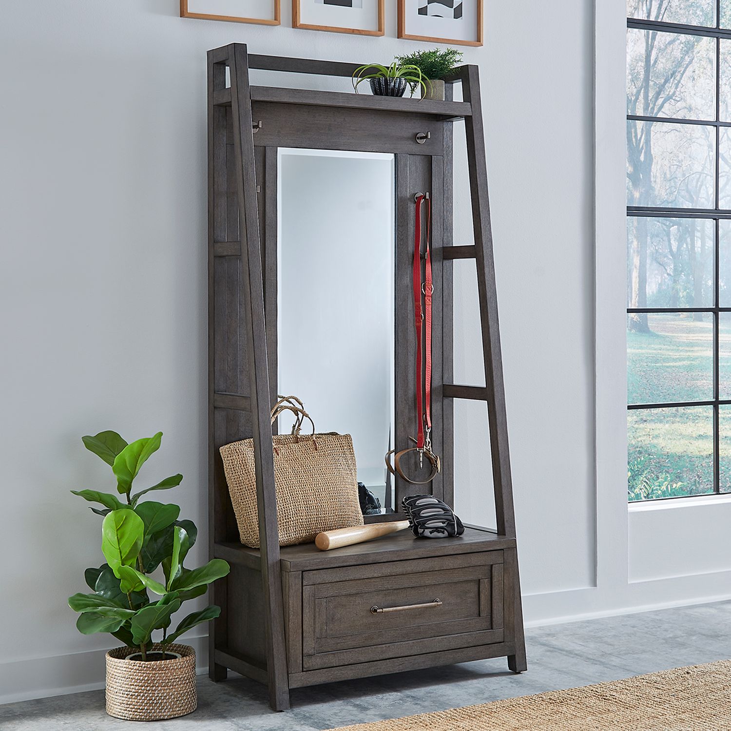 Modern Farmhouse Wood /Glass 2-Piece Hall Tree Set w/Drawer