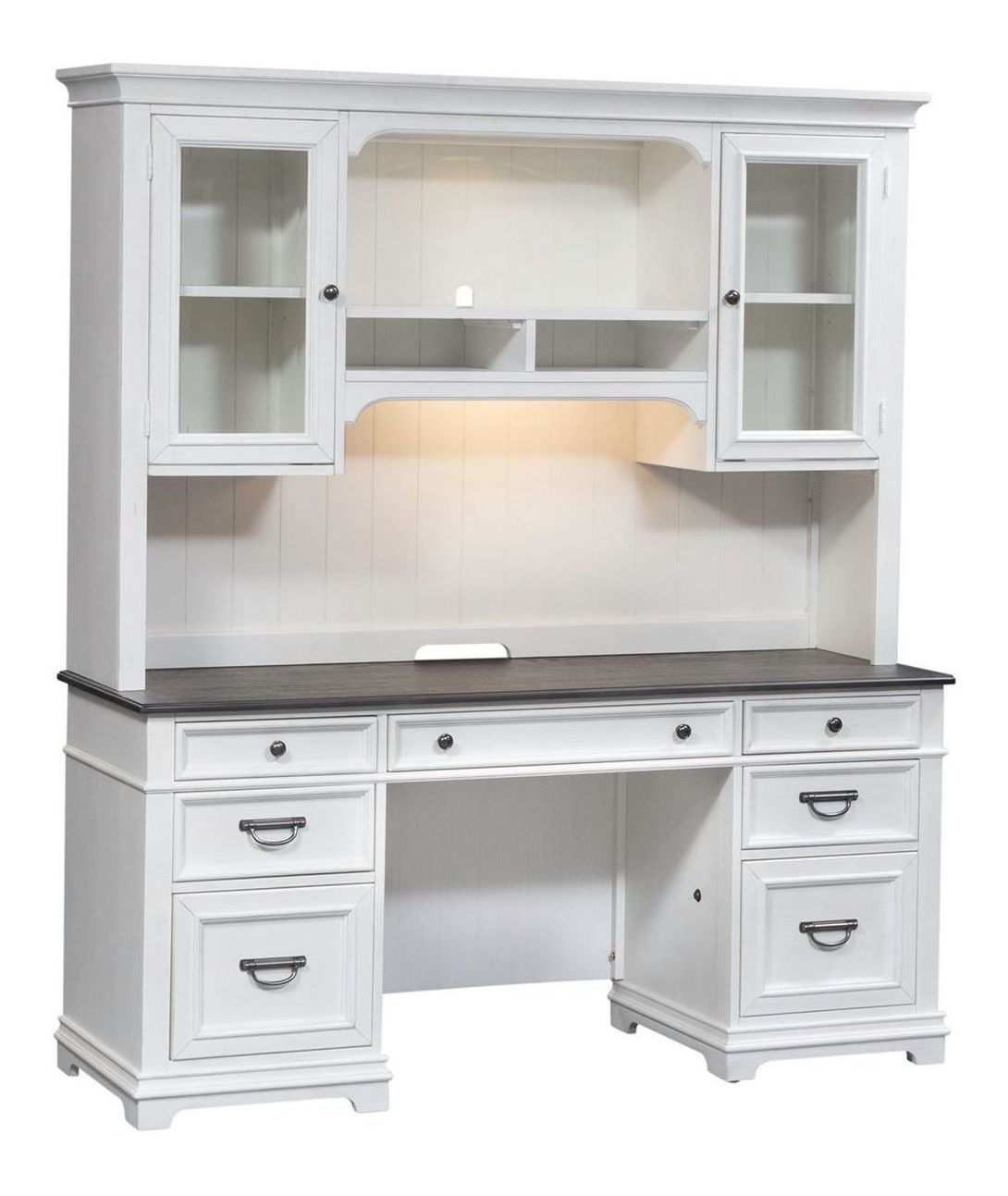 Allyson Park Wood Credenza & Hutch w/LED Lighting & 7 Drawers & 2 Doors