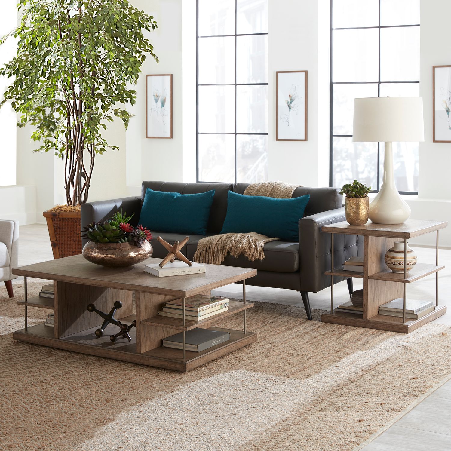 City Scape Rectangular Wood Storage Cocktail Table w/Casters