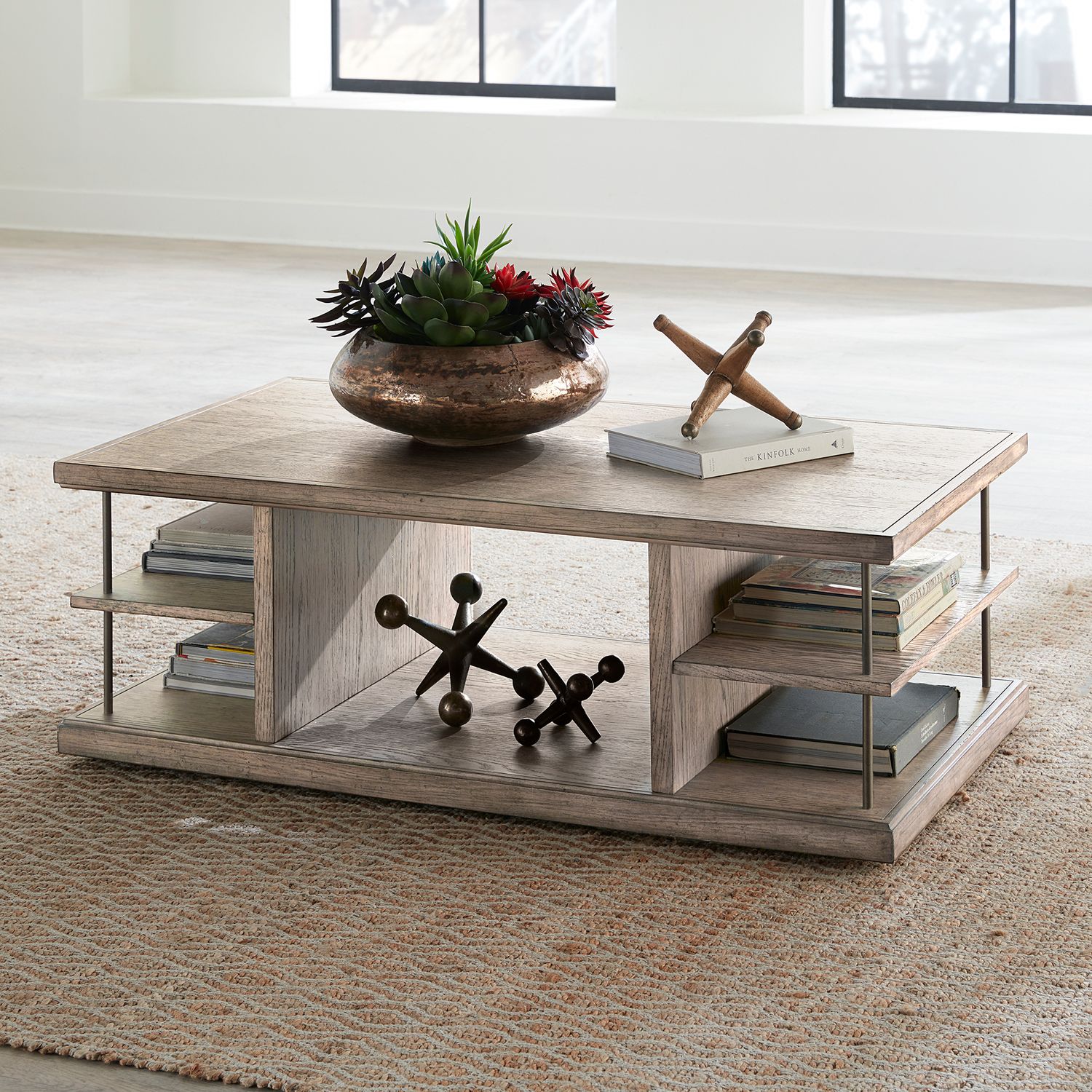 City Scape Rectangular Wood Storage Cocktail Table w/Casters