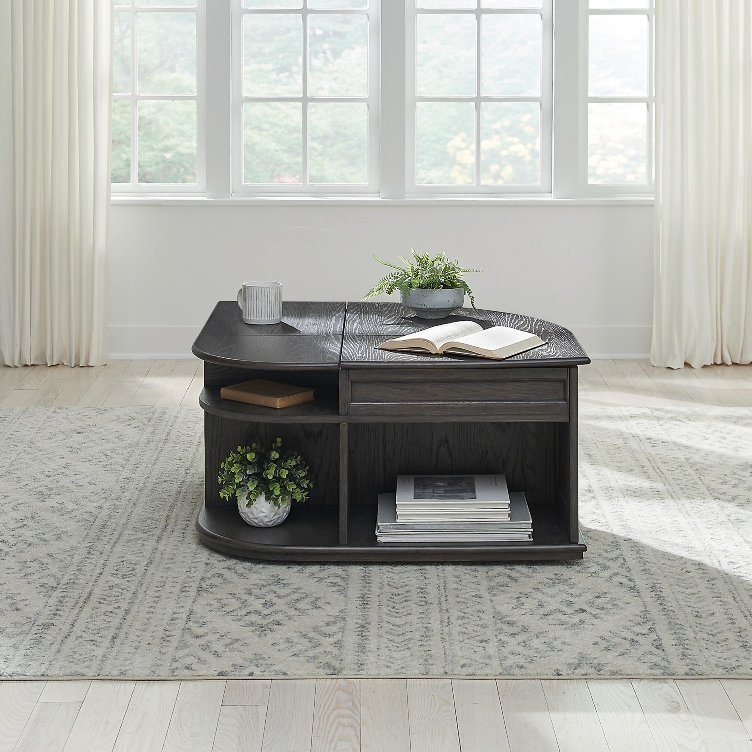 Wallace Curved Wood Storage Lift Top Cocktail Table