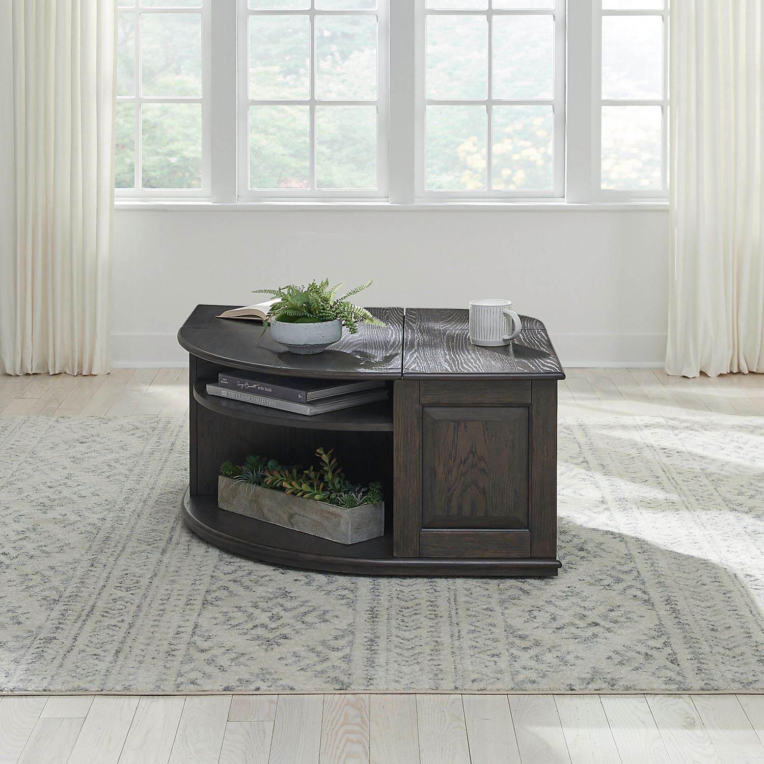 Wallace Curved Wood Storage Lift Top Cocktail Table
