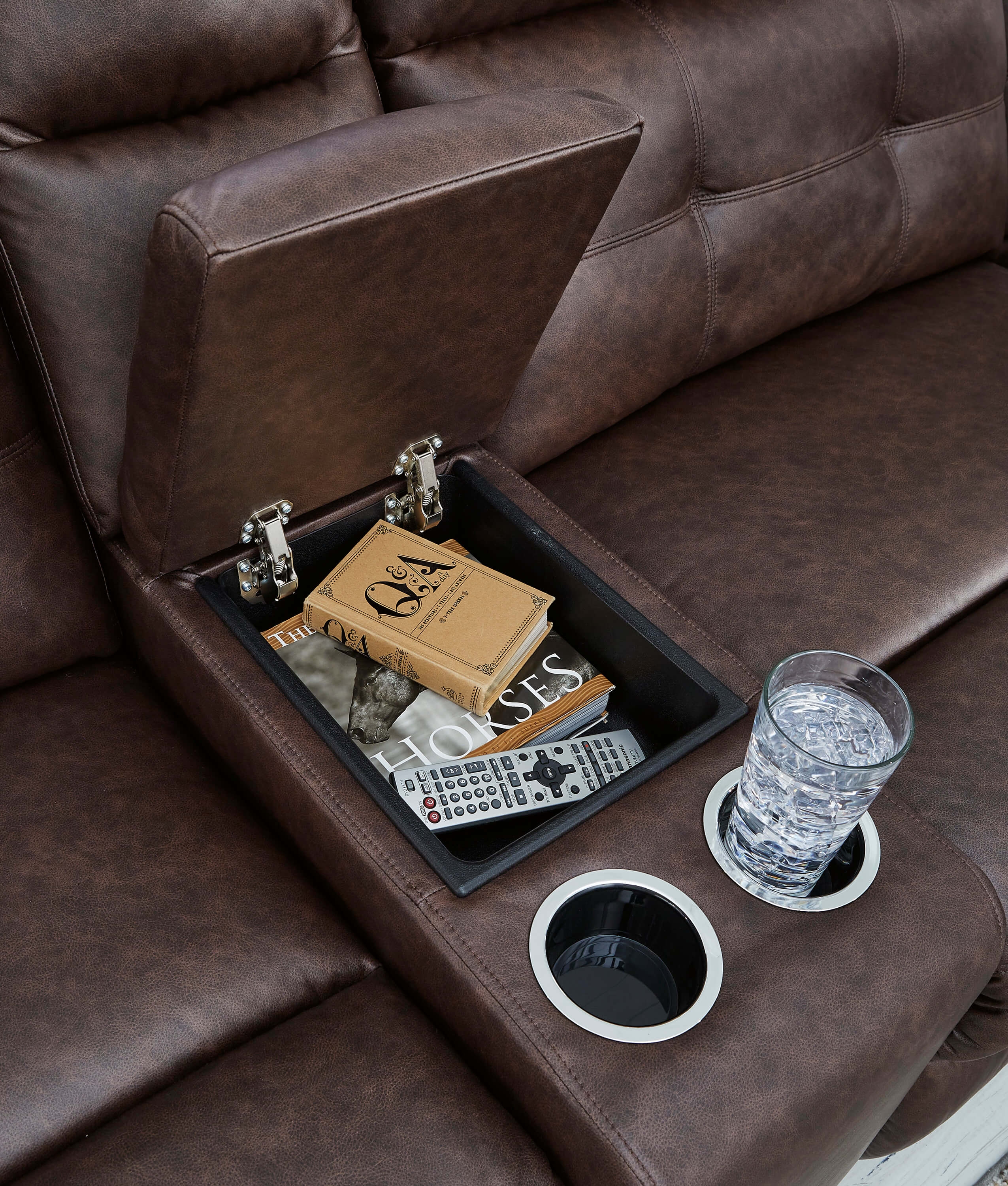 Ashley Punch Up Walnut Reclining Loveseat Console