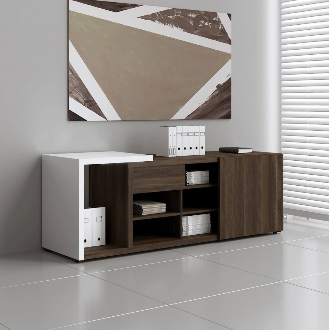 Mito Office Managerial Cabinet w/Lockable Drawer, Sliding Door & Matt Finish Extension