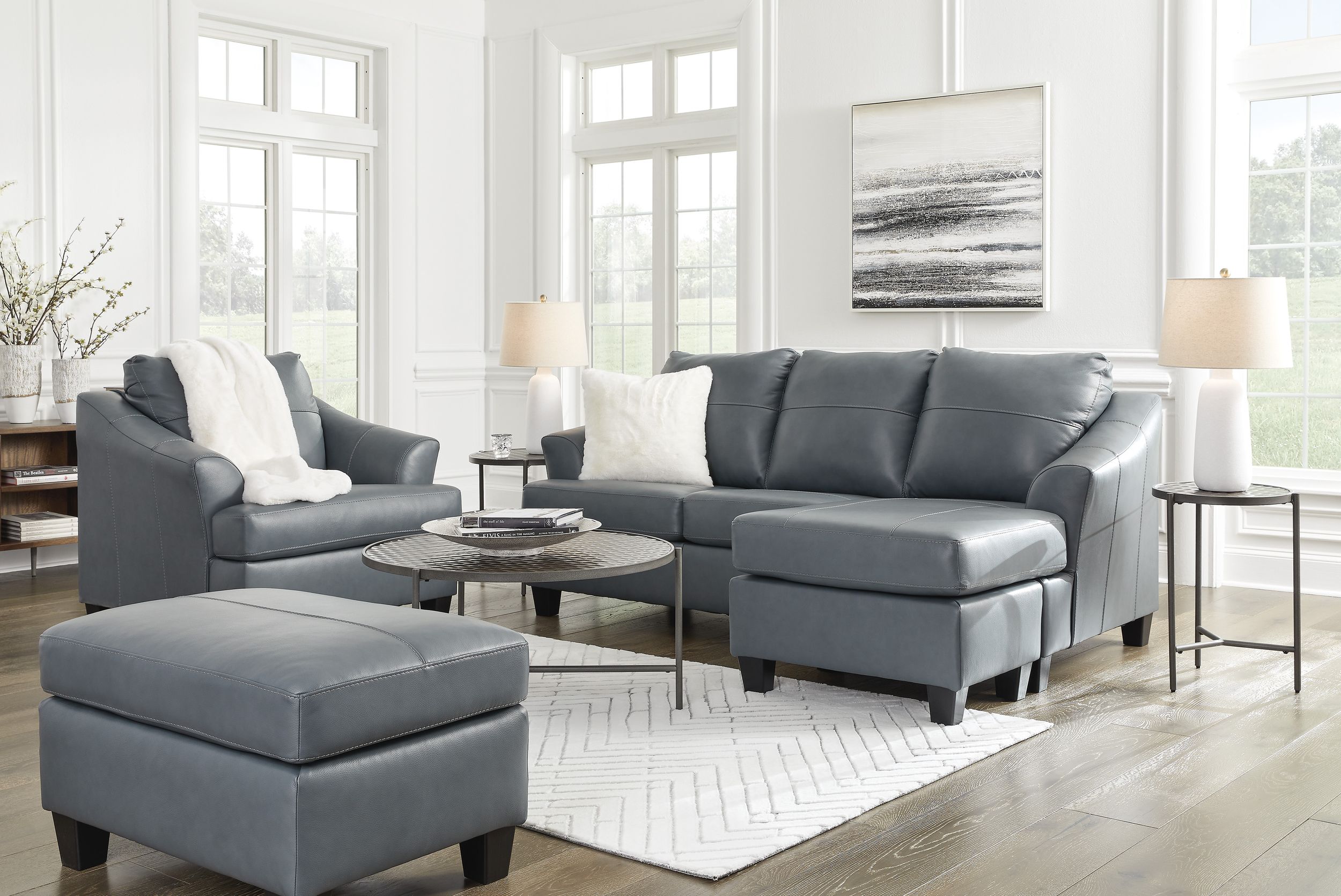 Genoa Steel Leather Sofa with Chaise | Contemporary Gray