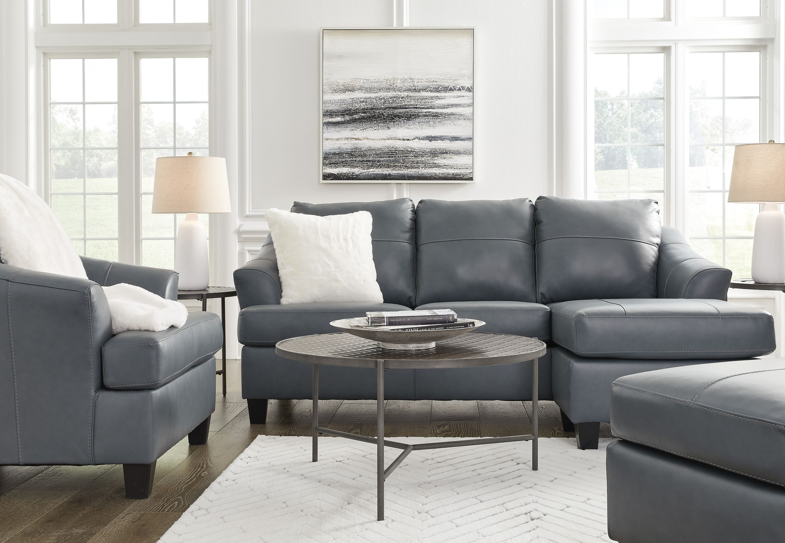 Genoa Steel Leather Sofa with Chaise | Contemporary Gray