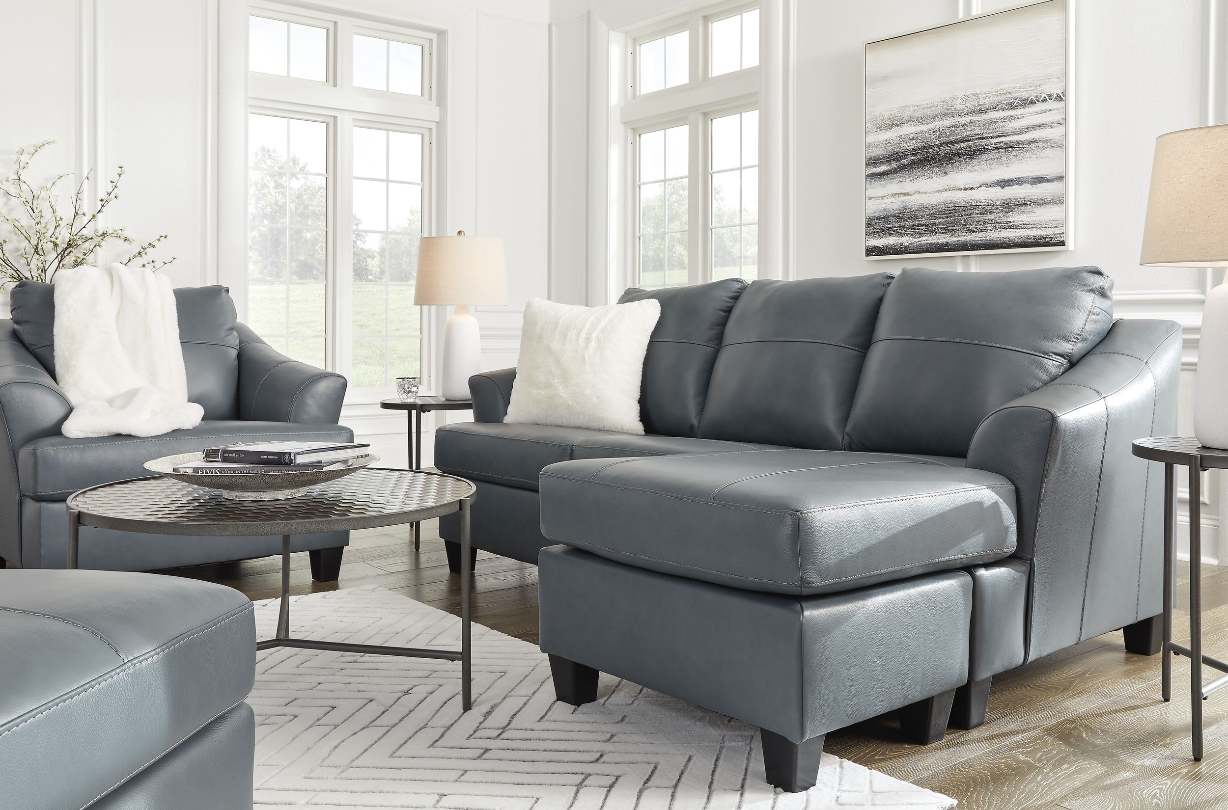 Genoa Steel Leather Sofa with Chaise | Contemporary Gray