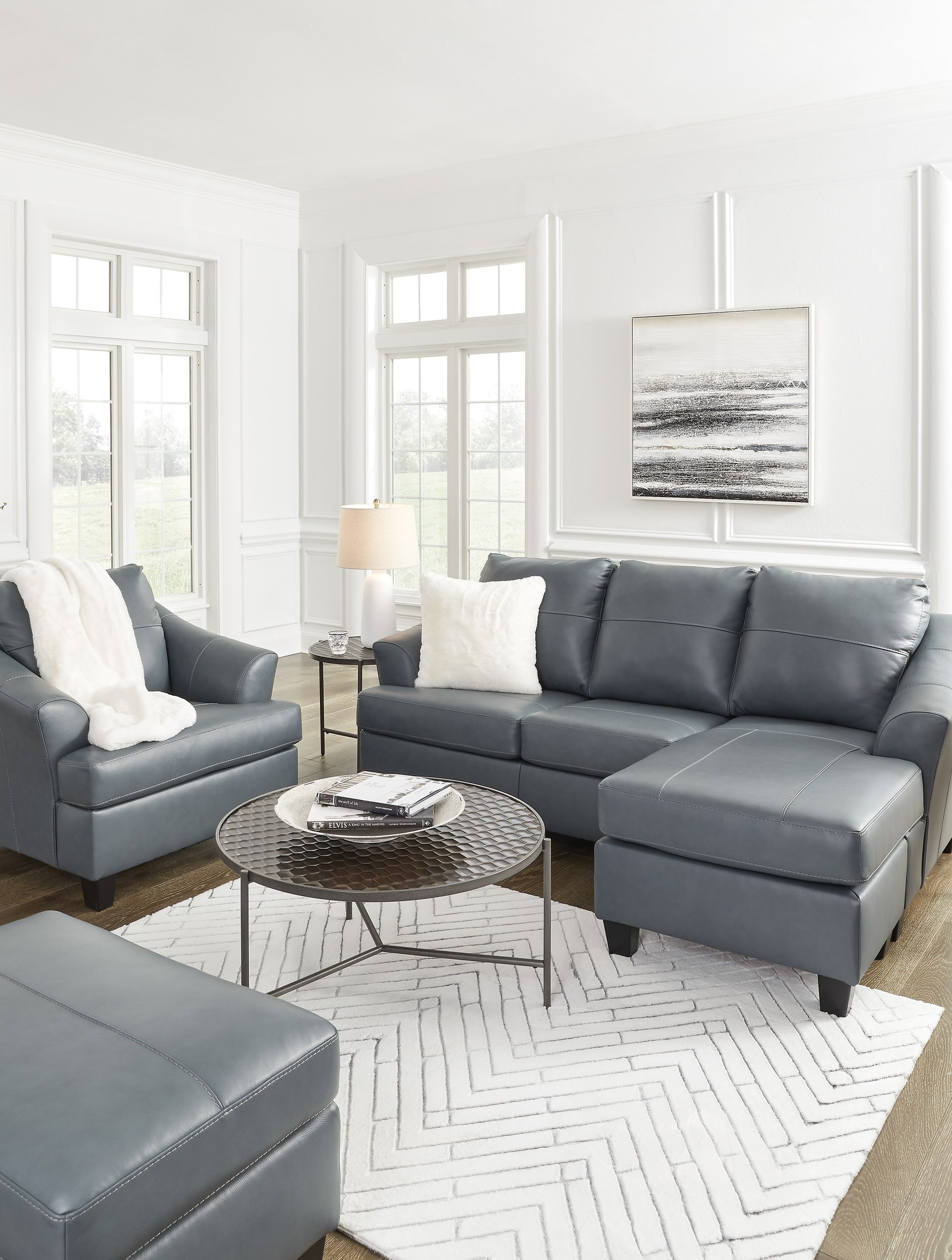 Genoa Steel Leather Sofa with Chaise | Contemporary Gray