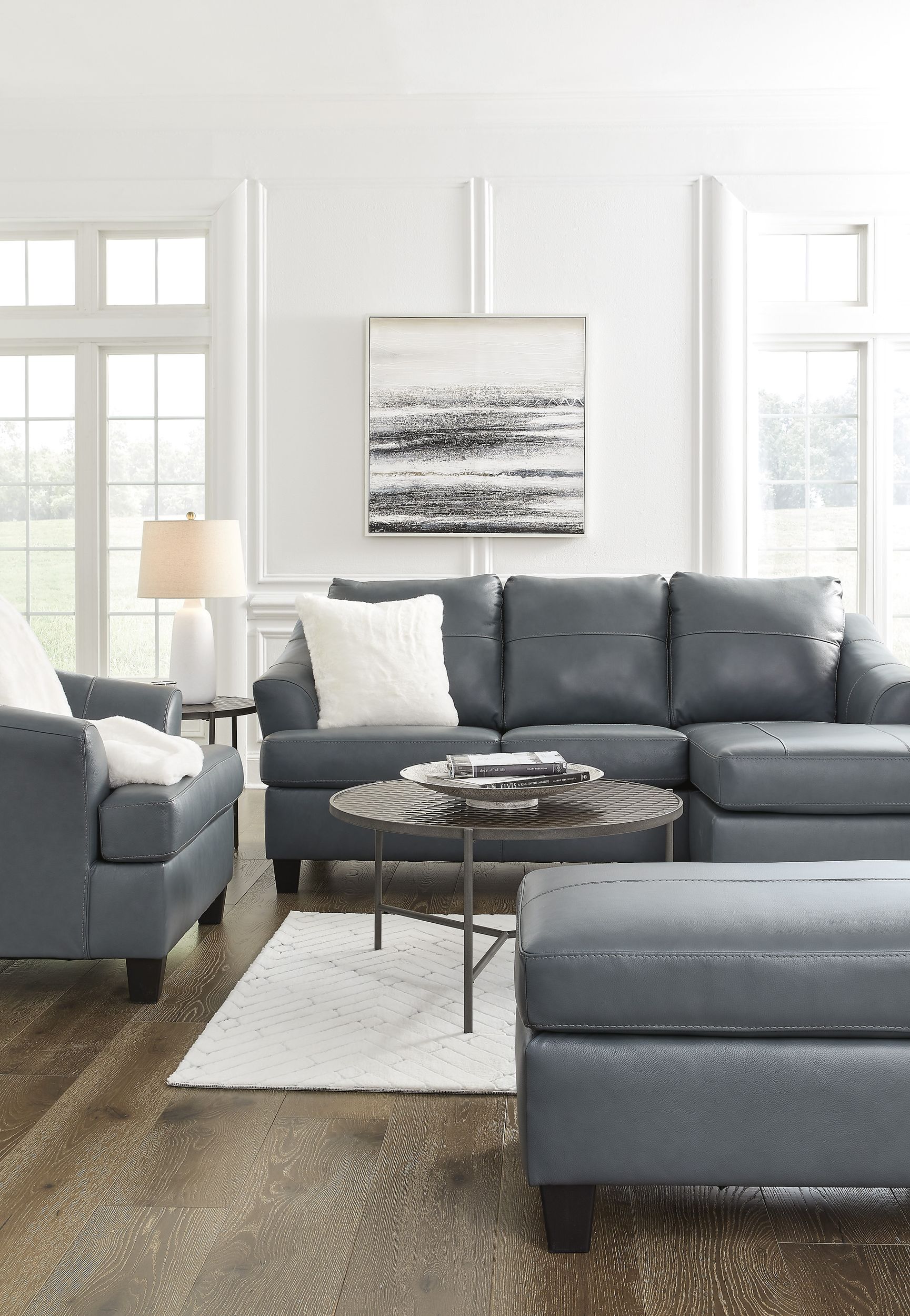 Genoa Steel Leather Sofa with Chaise | Contemporary Gray