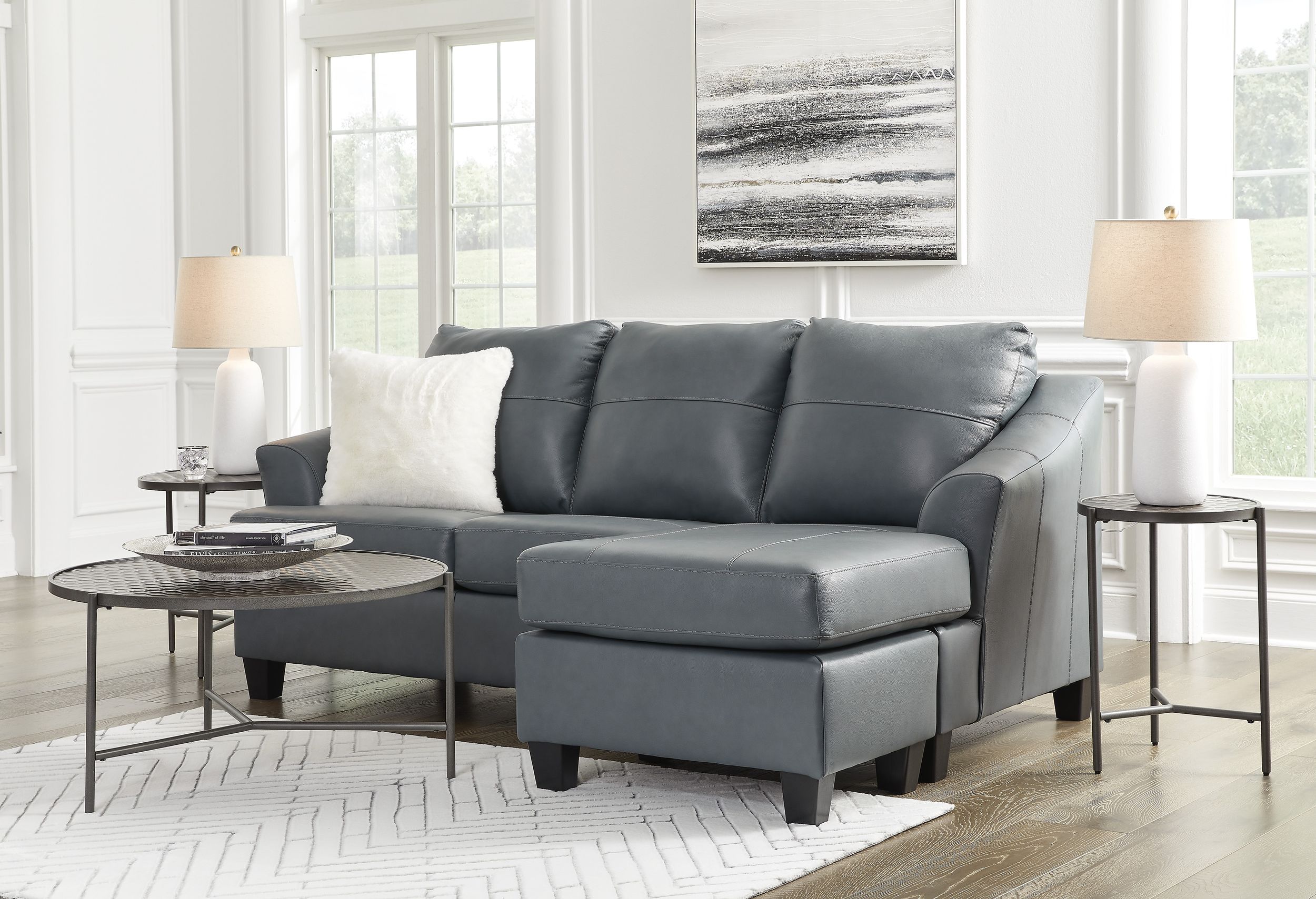 Genoa Steel Leather Sofa with Chaise | Contemporary Gray