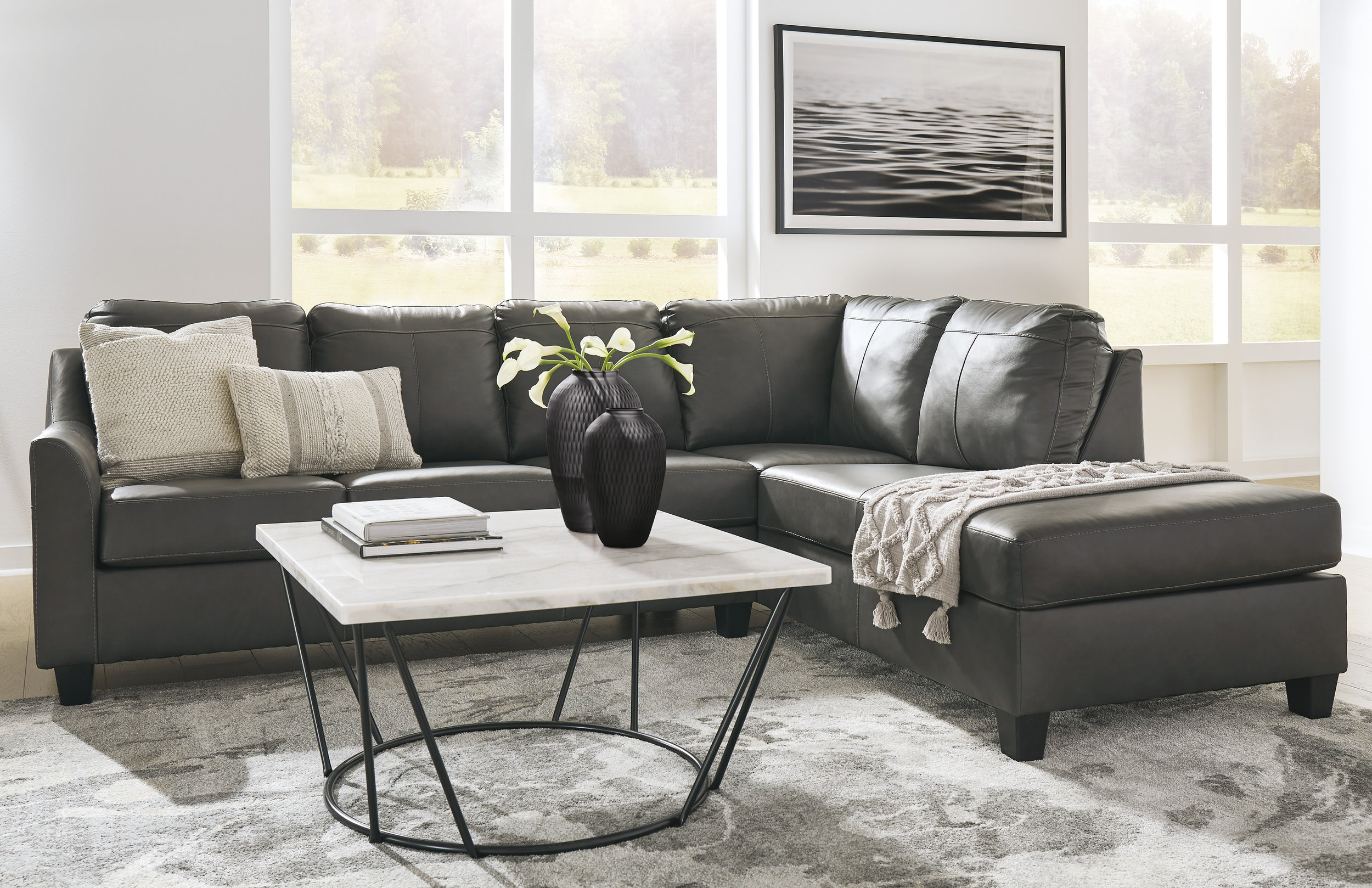 Valderno L-Shaped Leather 2-Piece Sectional with RAF Chaise