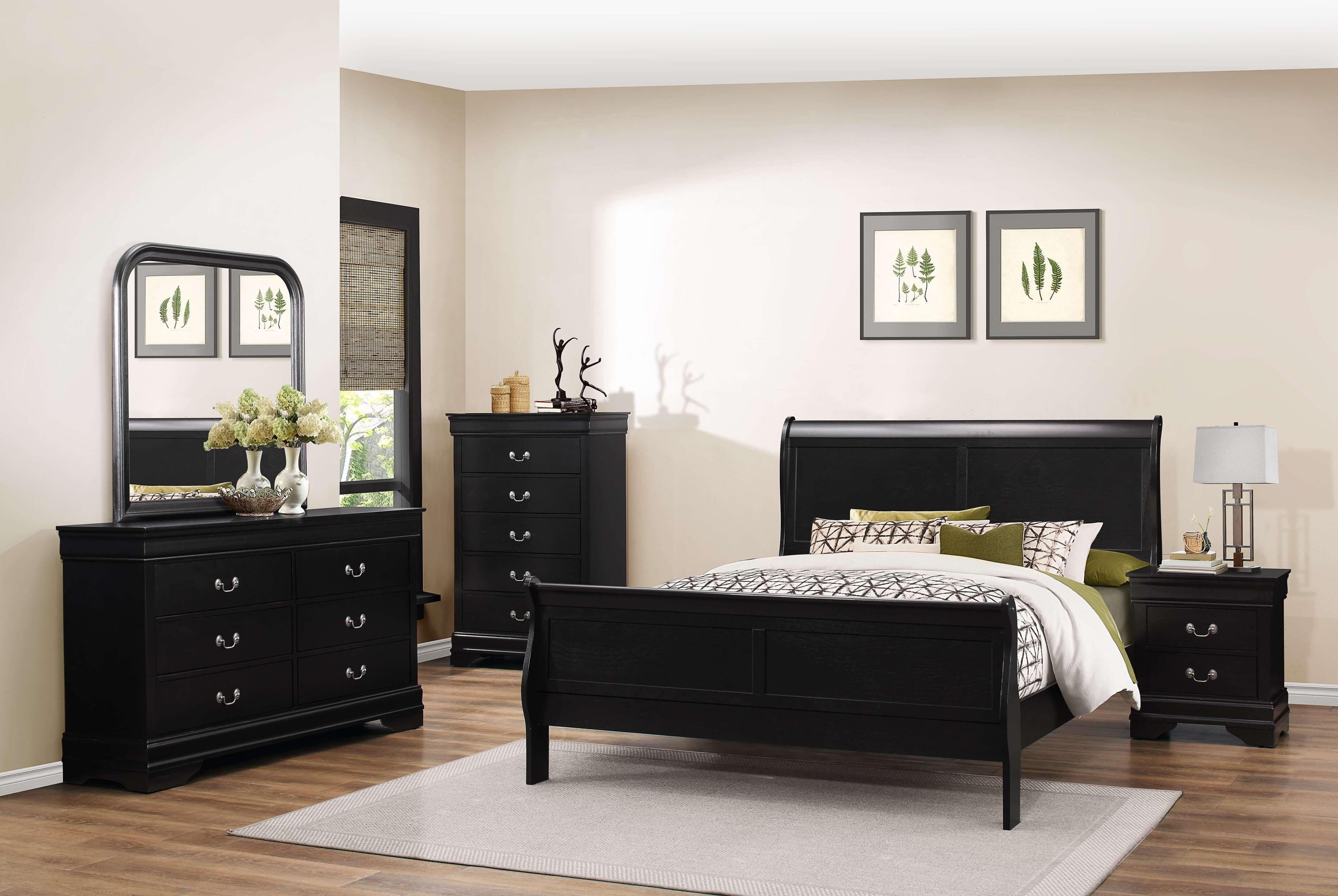 ✓ Lifestyle SM Louis Phillipe 4935 Wood Sleigh Bedroom Set, Black