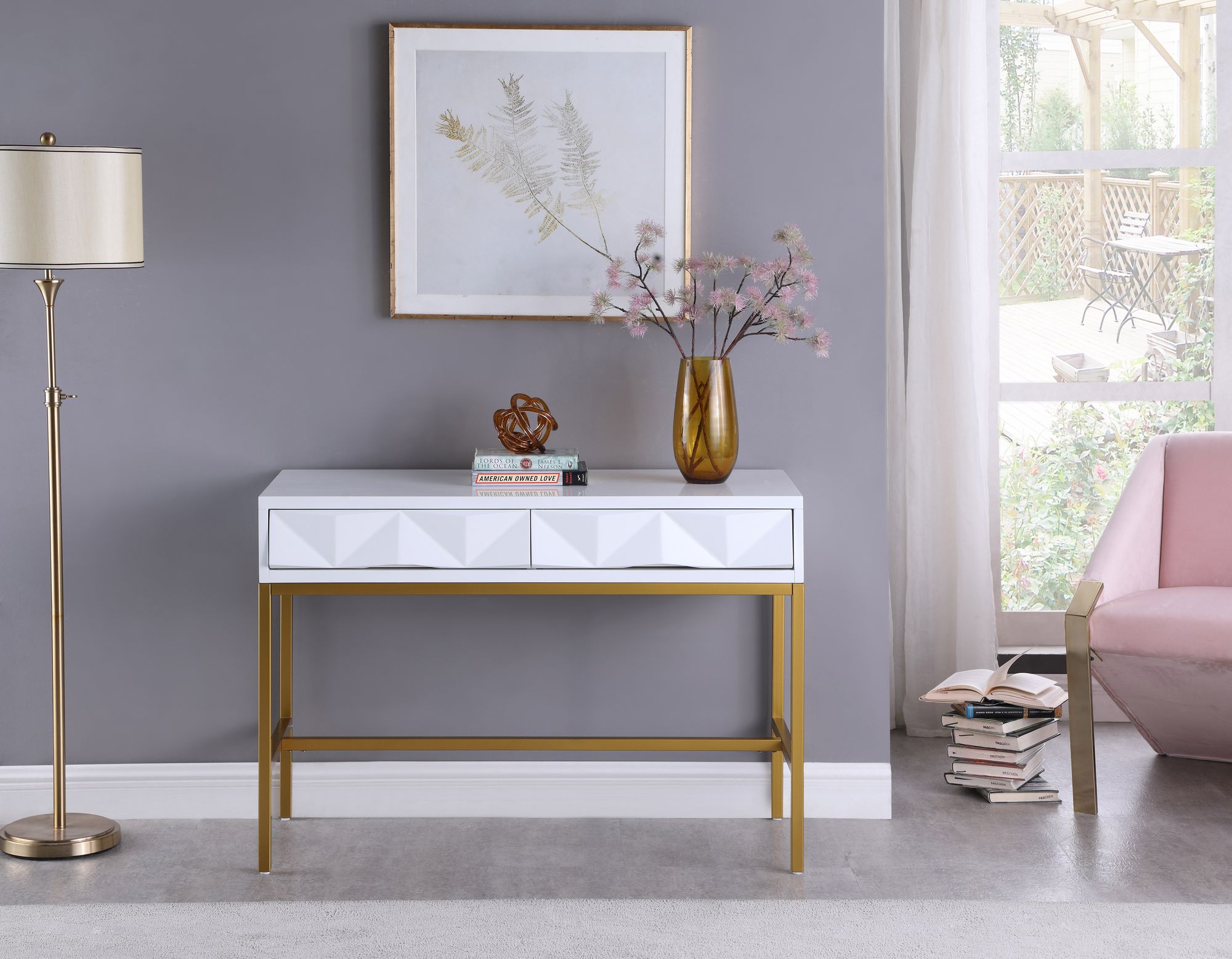 Pandora 43.5" Rectangular 2-Drawer Lacquer Console Table with Gold Iron Base
