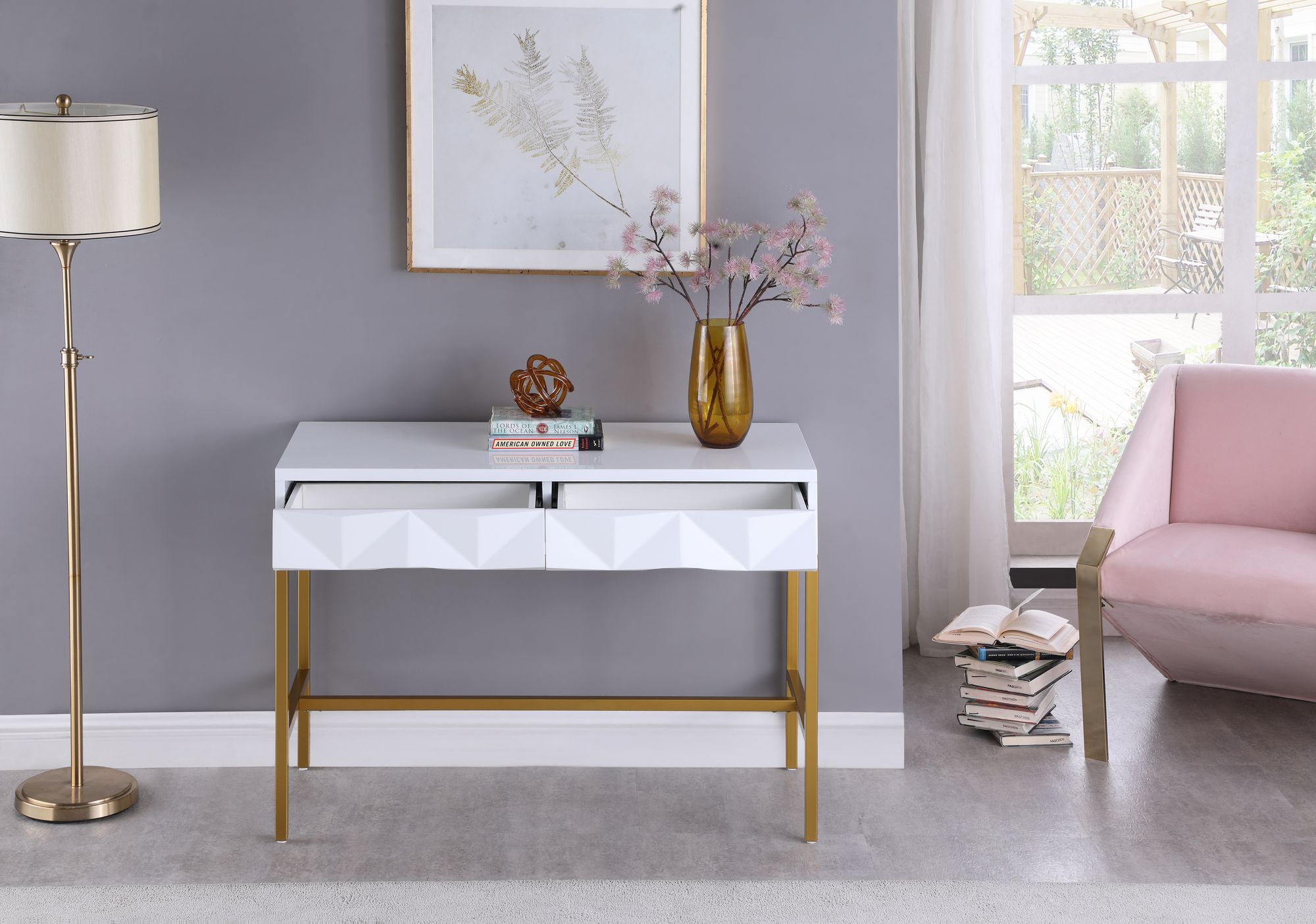 Pandora 43.5" Rectangular 2-Drawer Lacquer Console Table with Gold Iron Base