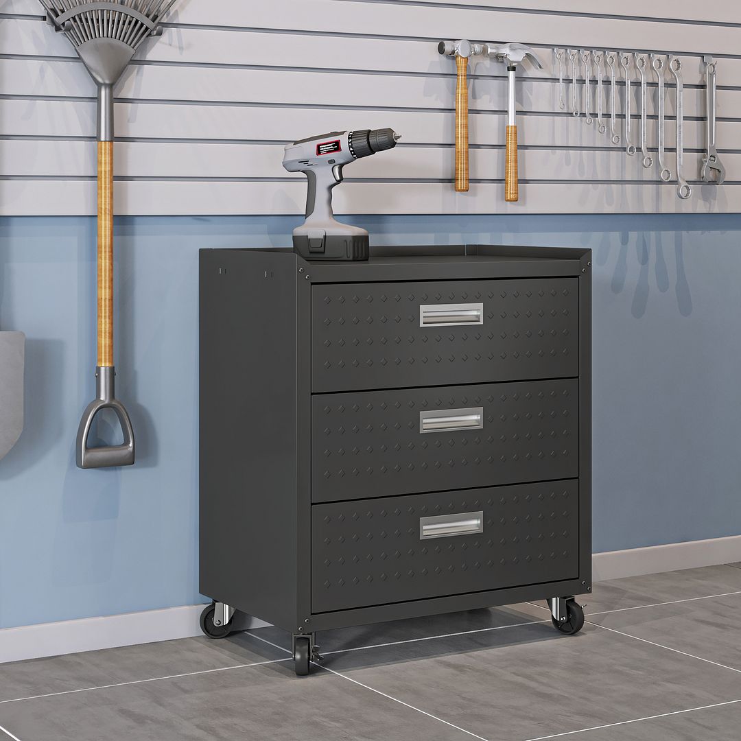Fortress Textured Metal 31.5-inch Garage Mobile Chest w/3 Full Extension Drawers
