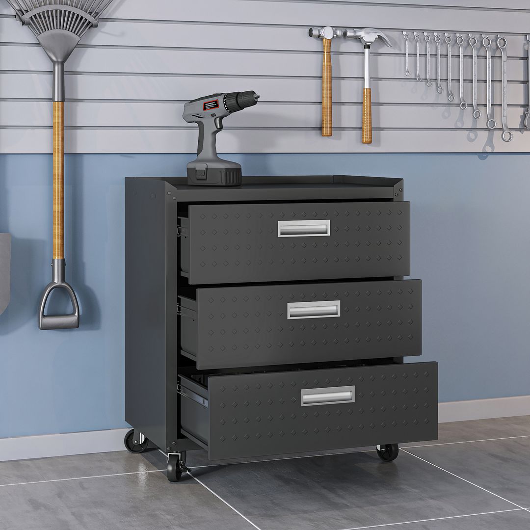 Fortress Textured Metal 31.5-inch Garage Mobile Chest w/3 Full Extension Drawers