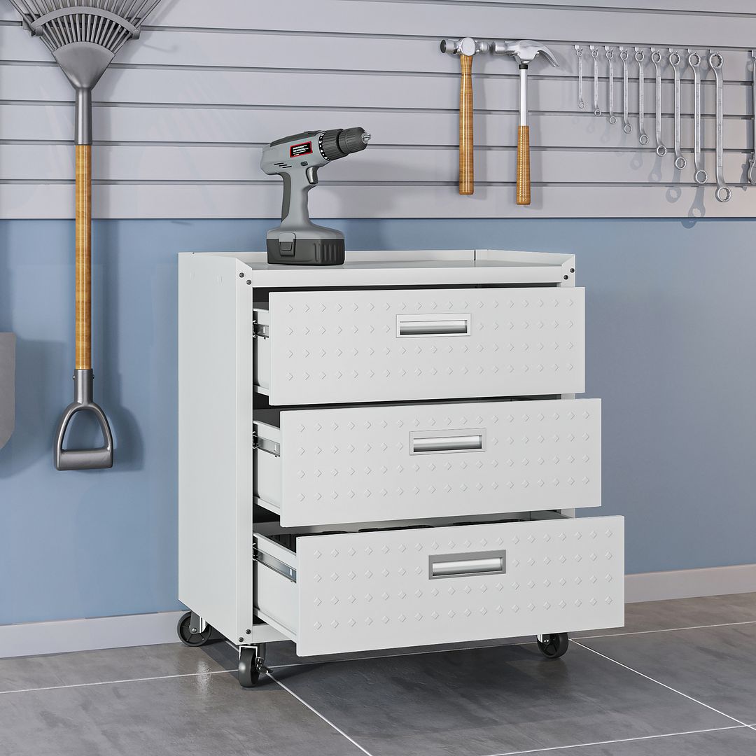 Fortress Textured Metal 31.5-inch Garage Mobile Chest w/3 Full Extension Drawers