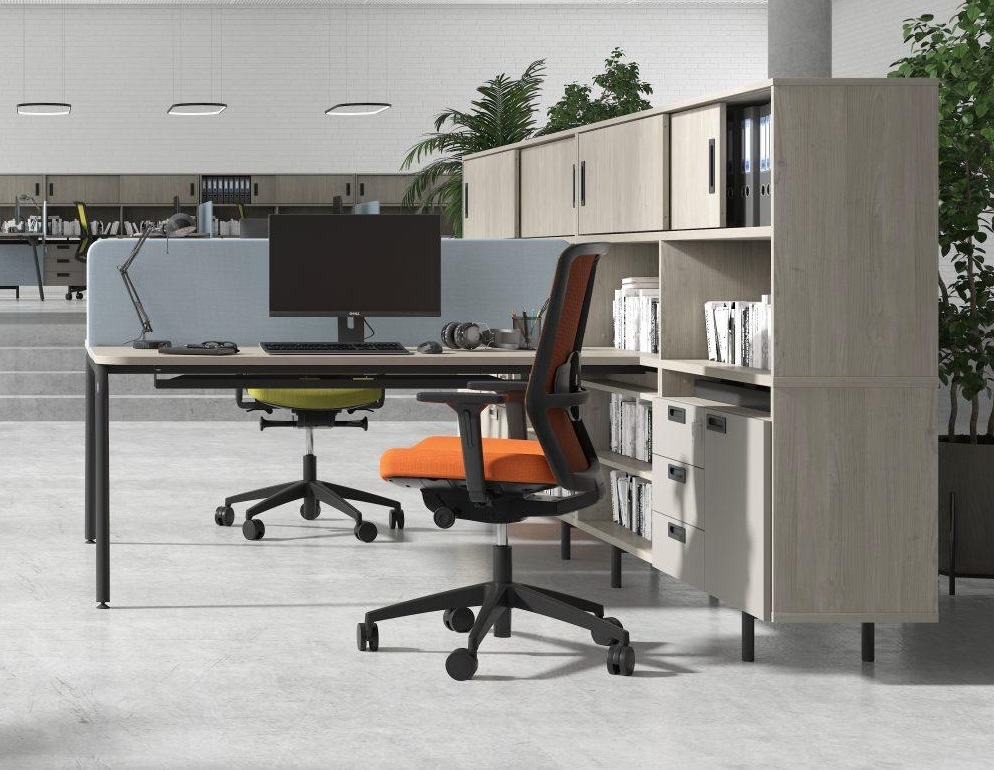 Desk Bench for 2 Persons w/Storage Cabinets