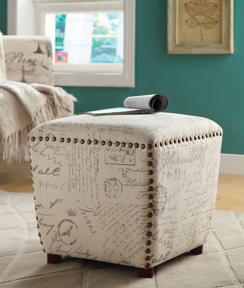 Lucy Fabric Upholstered Ottoman with Nailhead Trim Off