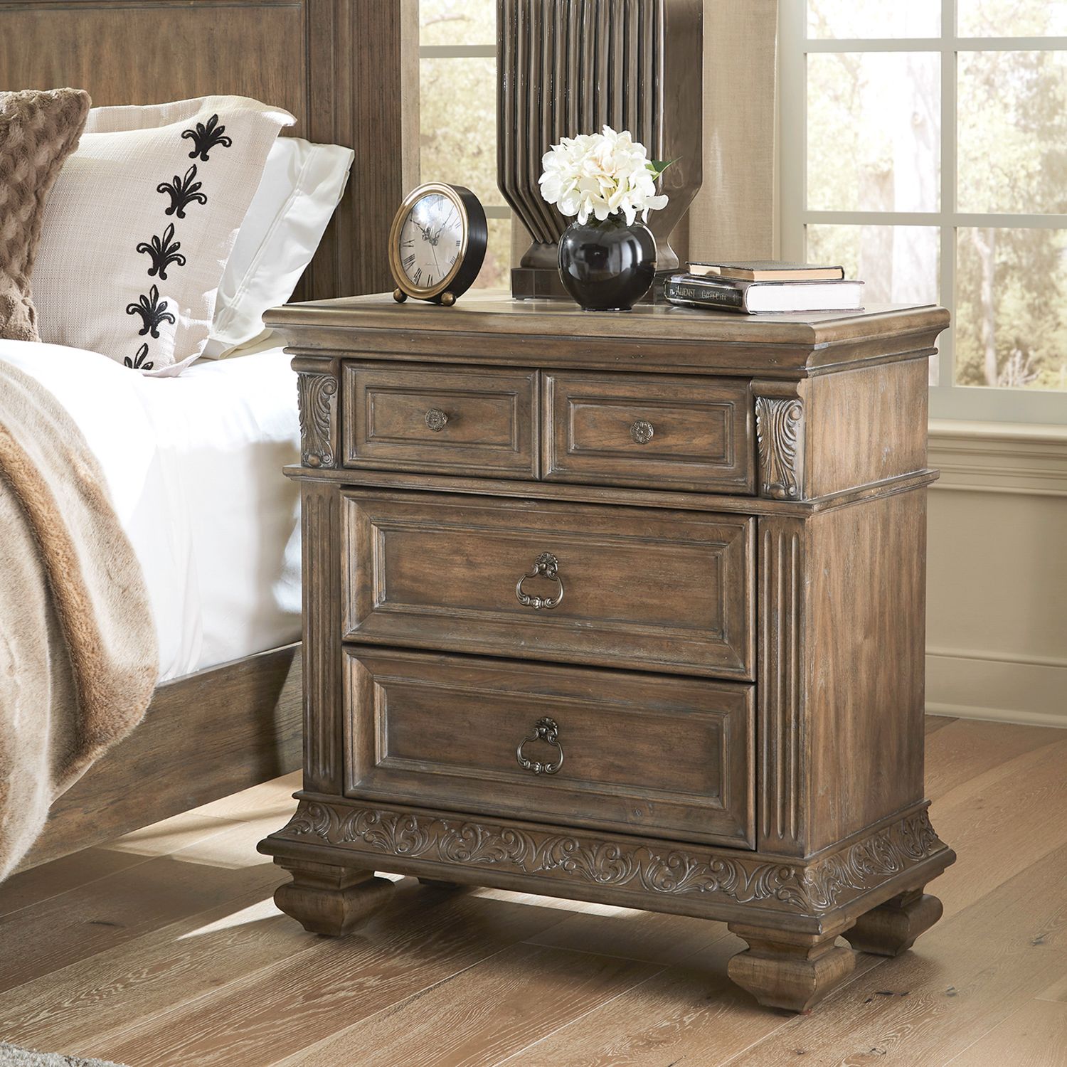 Carlisle Court Wood 3-Drawer Bedside Chest w/Charging Station