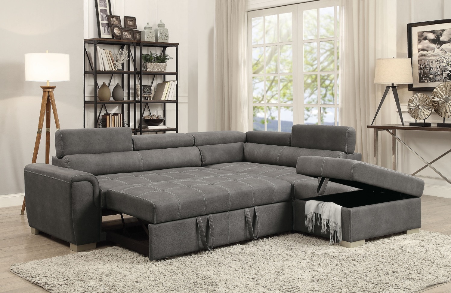 Thelma Microfiber Fabric L-Shaped Sectional Sleeper Sofa w/Ottoman