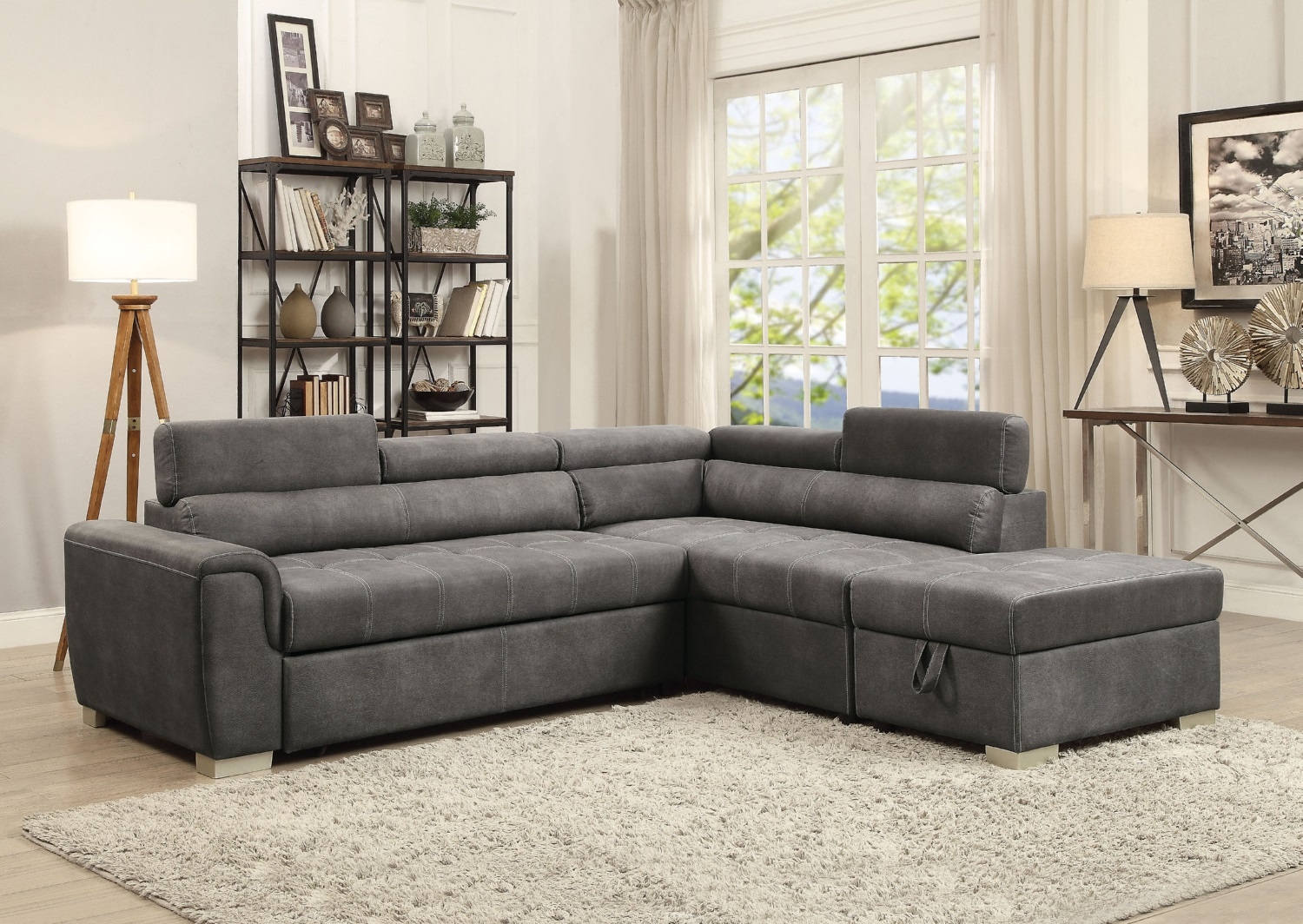 Thelma Microfiber Fabric L-Shaped Sectional Sleeper Sofa w/Ottoman