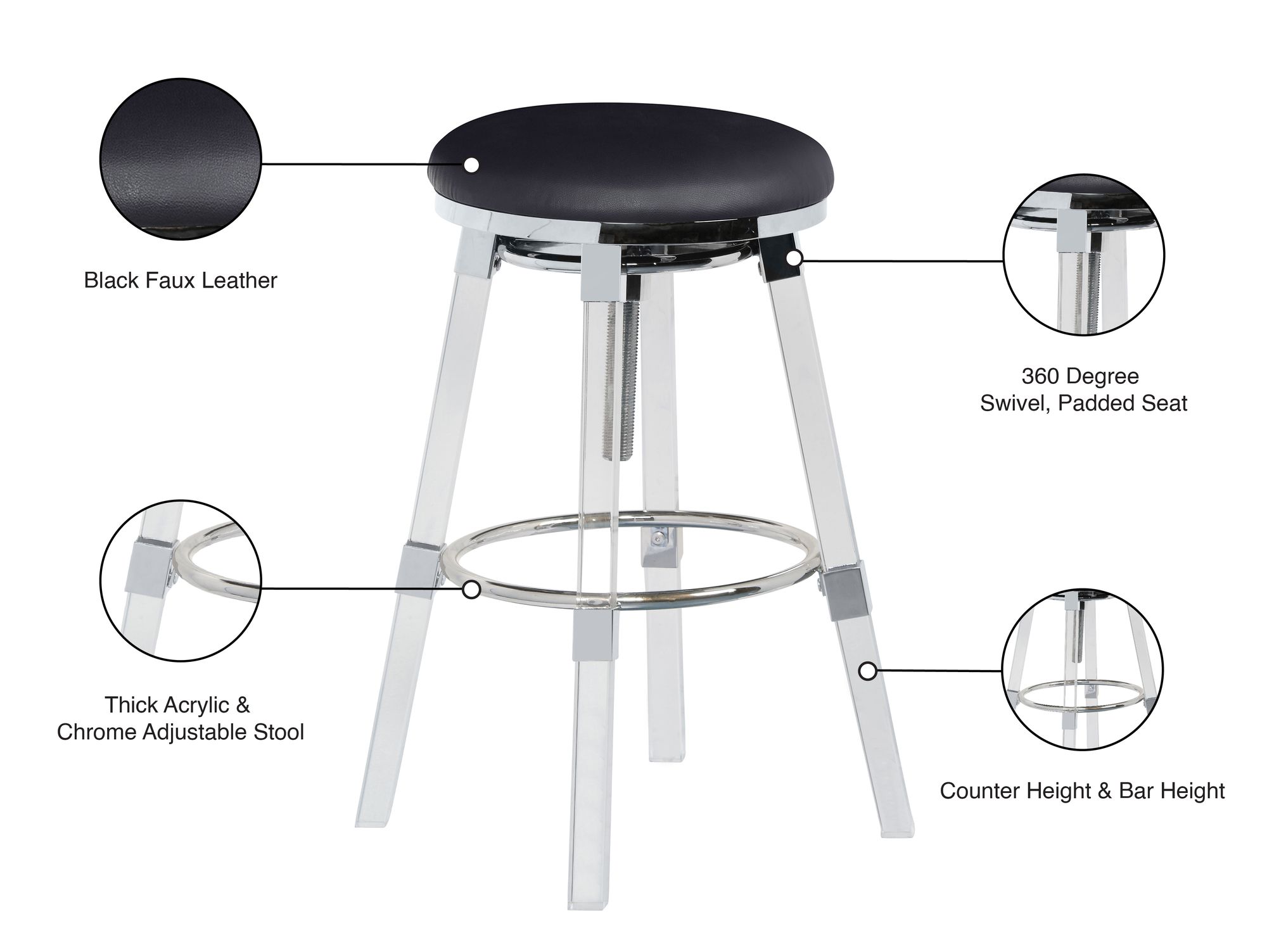 Venus Faux Leather Adjustable Stool with Thick Acrylic