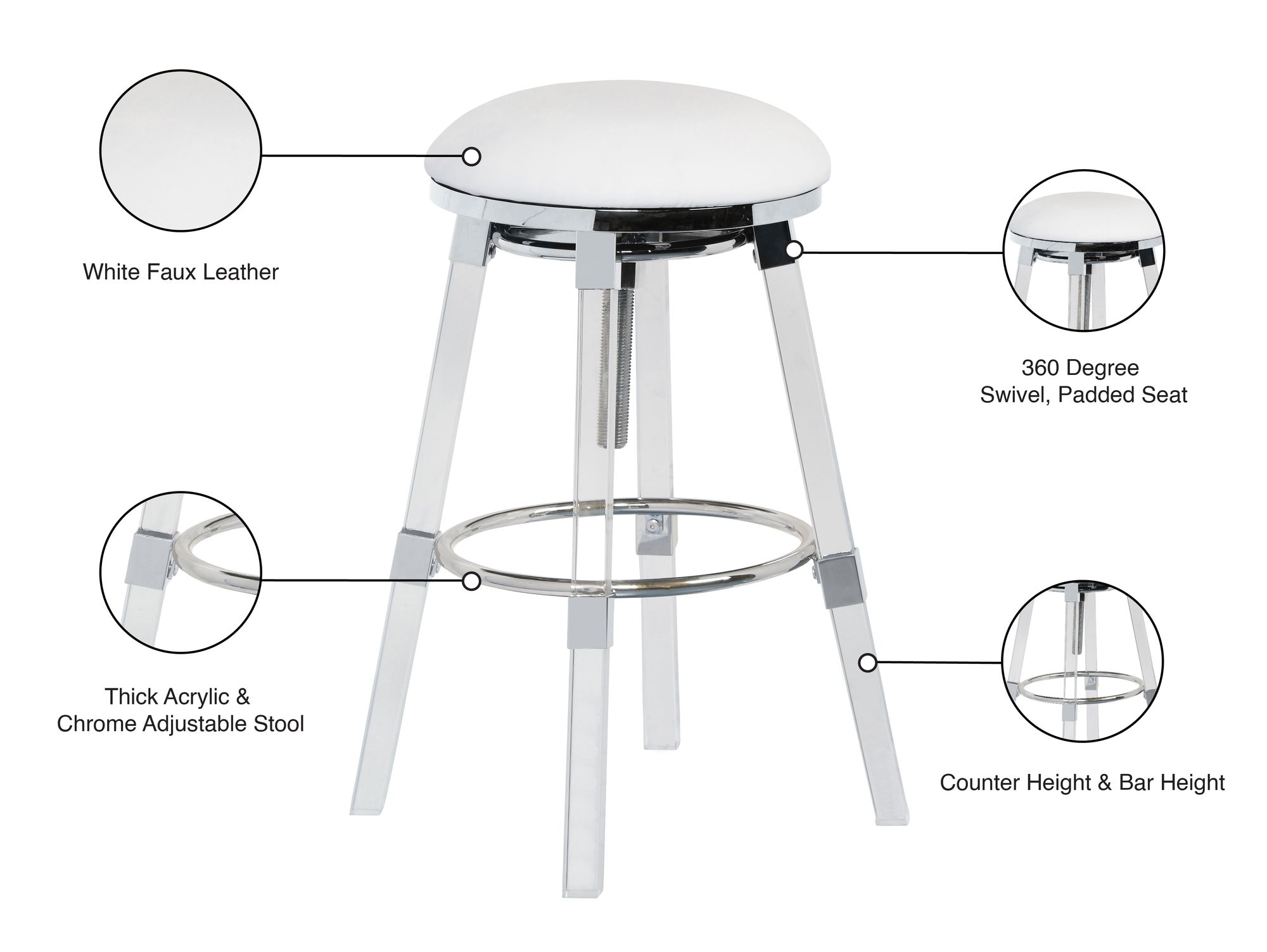 Venus Faux Leather Adjustable Stool with Thick Acrylic & Chrome Base
