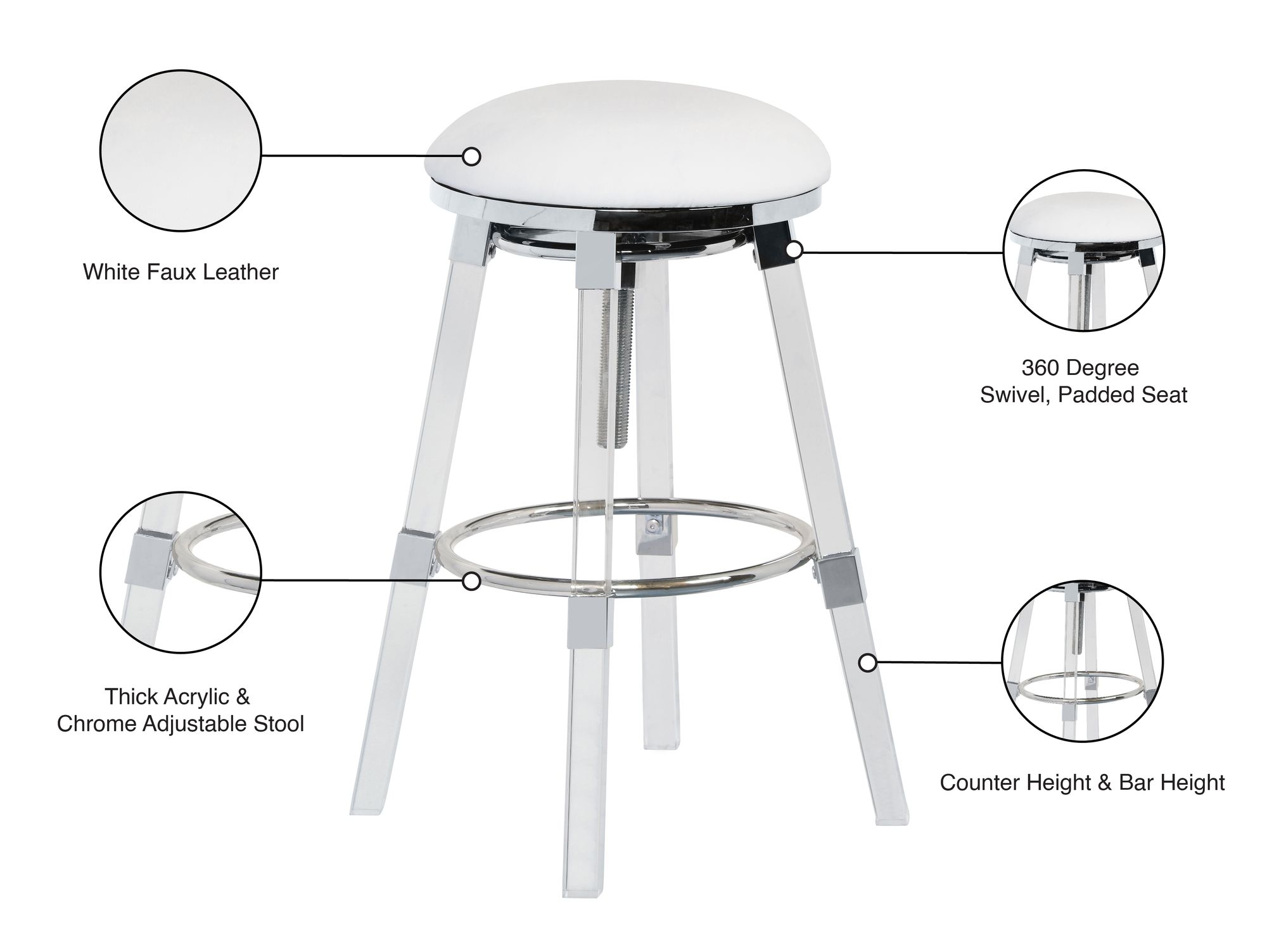Venus Faux Leather Adjustable Stool with Thick Acrylic