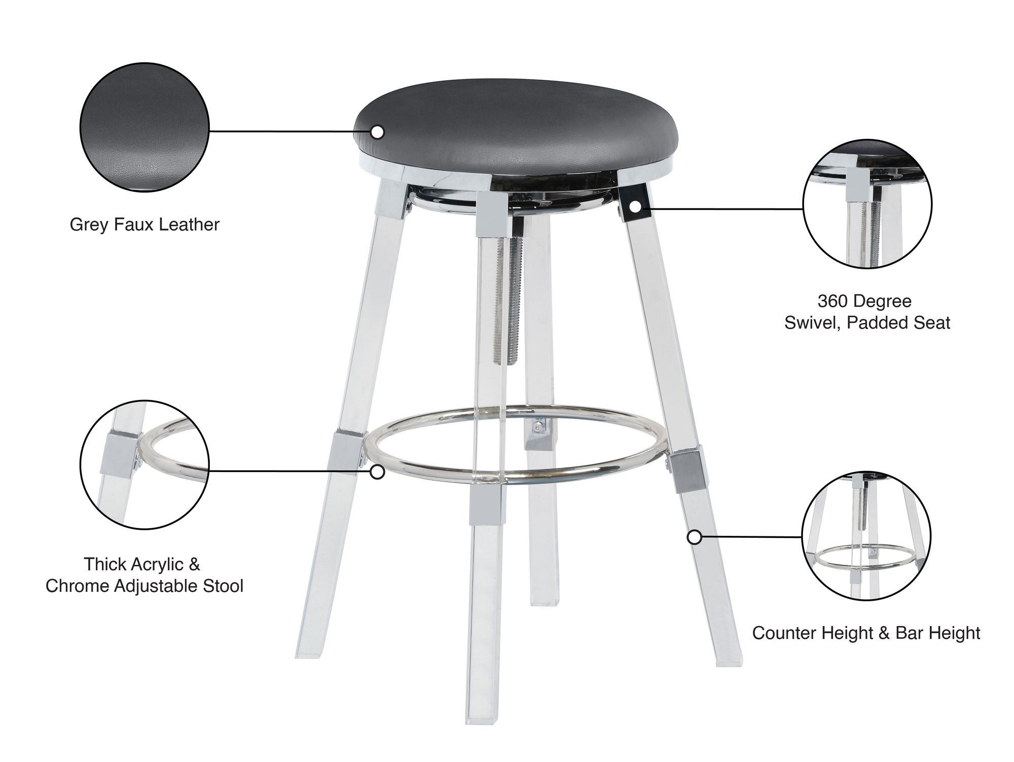 Venus Faux Leather Adjustable Stool with Thick Acrylic & Chrome Base