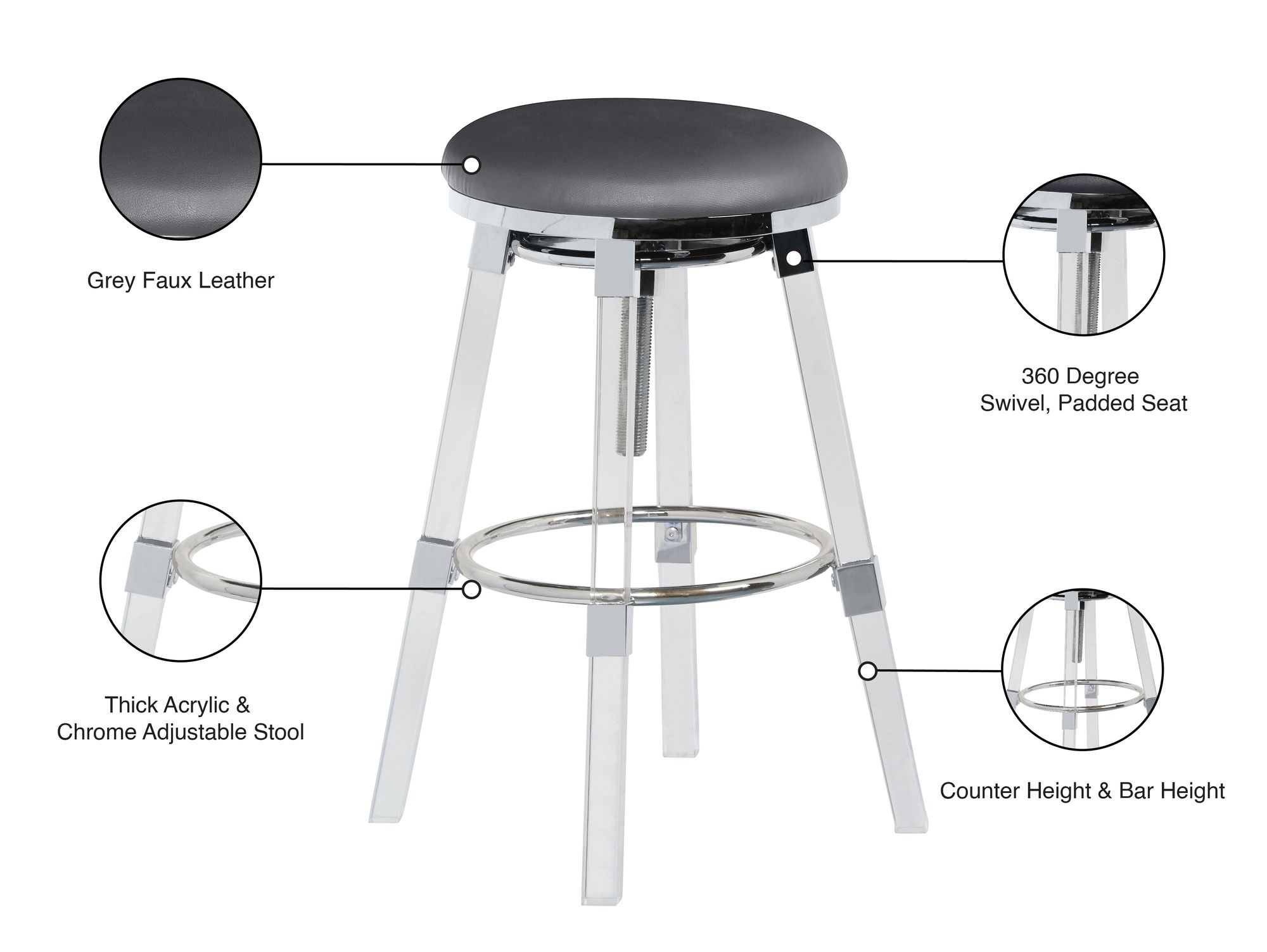Venus Faux Leather Adjustable Stool with Thick Acrylic