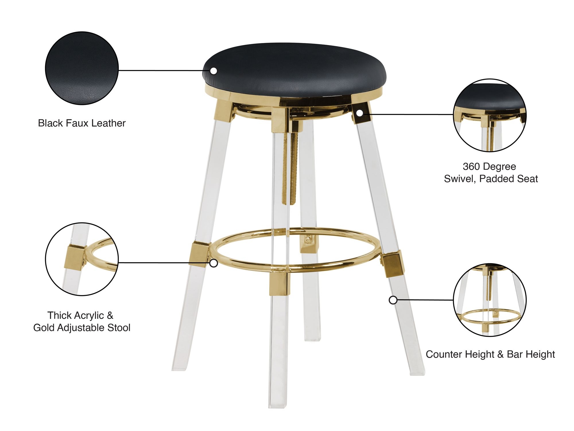 Venus Faux Leather Adjustable Stool with Thick Acrylic