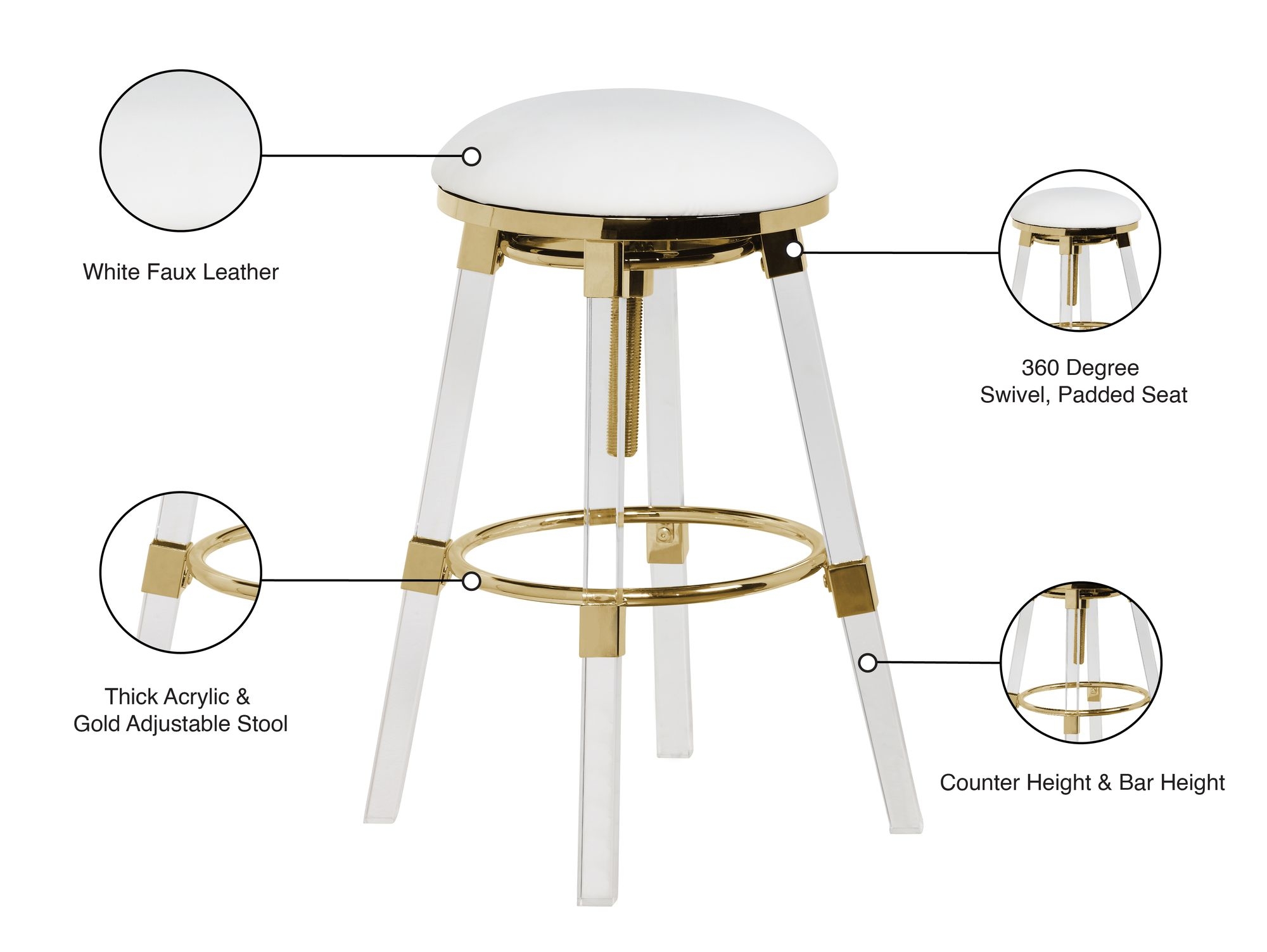 Venus Faux Leather Adjustable Stool with Thick Acrylic