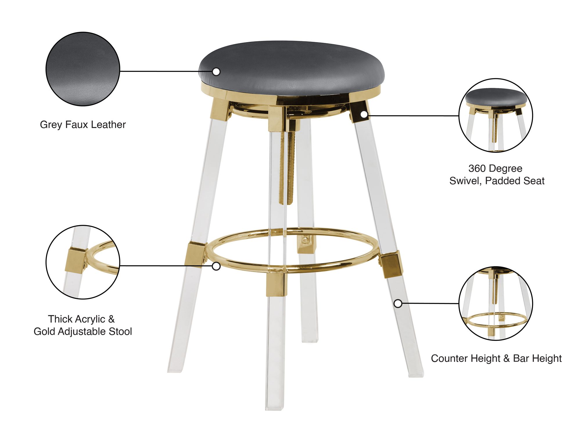 Venus Faux Leather Adjustable Stool with Thick Acrylic & Gold Base