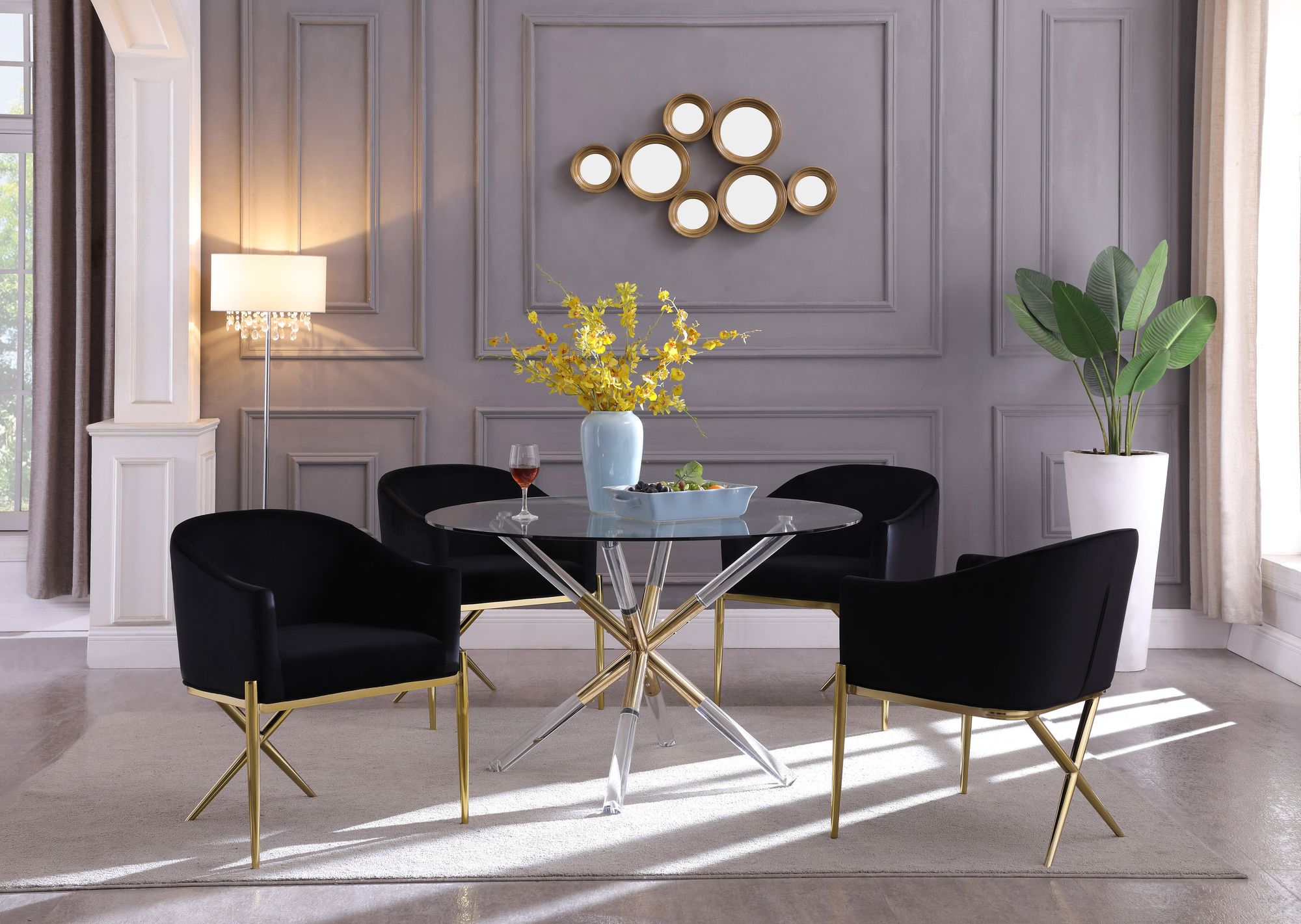 Mercury 48" Round Glass Dining Table with Acrylic & Gold Metal Base
