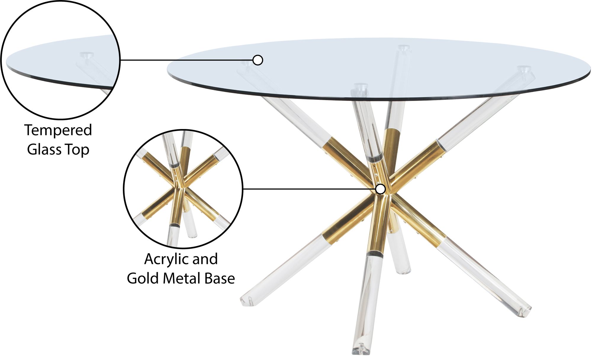 Mercury 48" Round Glass Dining Table with Acrylic & Gold Metal Base