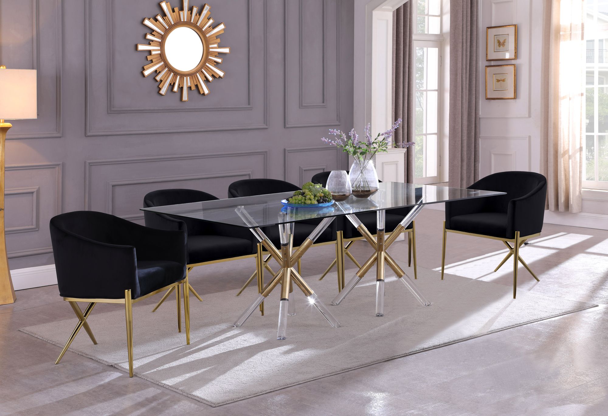 Mercury 84" Rectangular Glass Dining Table with Acrylic & Gold Metal Base