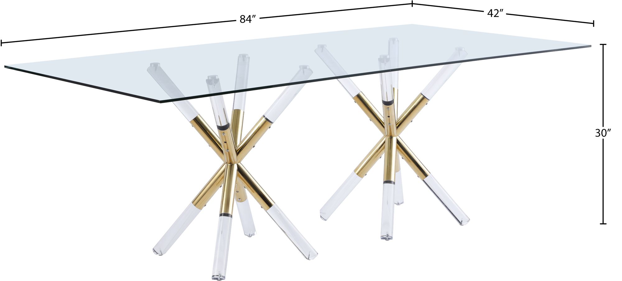 Mercury 84" Rectangular Glass Dining Table with Acrylic & Gold Metal Base
