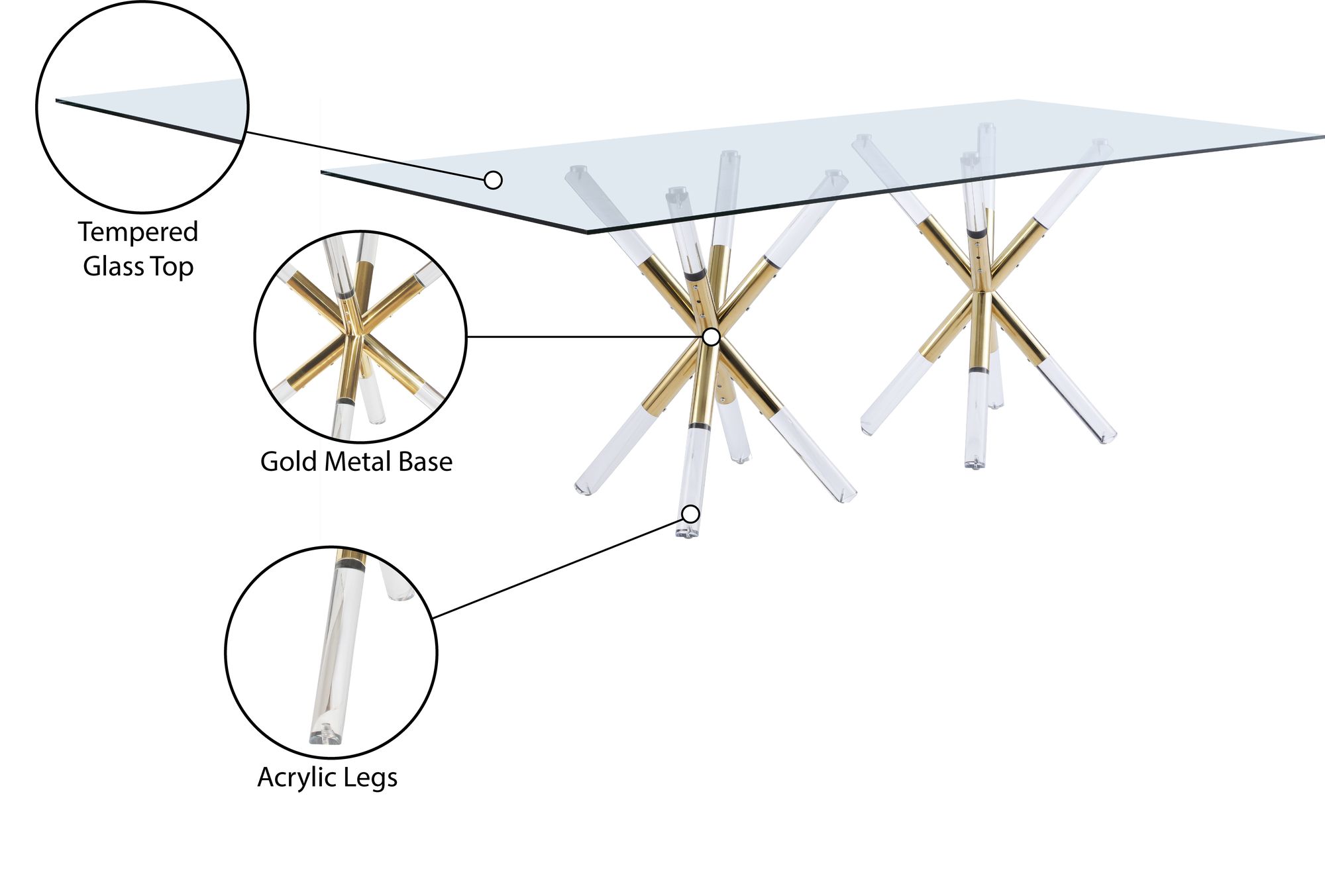 Mercury 84" Rectangular Glass Dining Table with Acrylic & Gold Metal Base