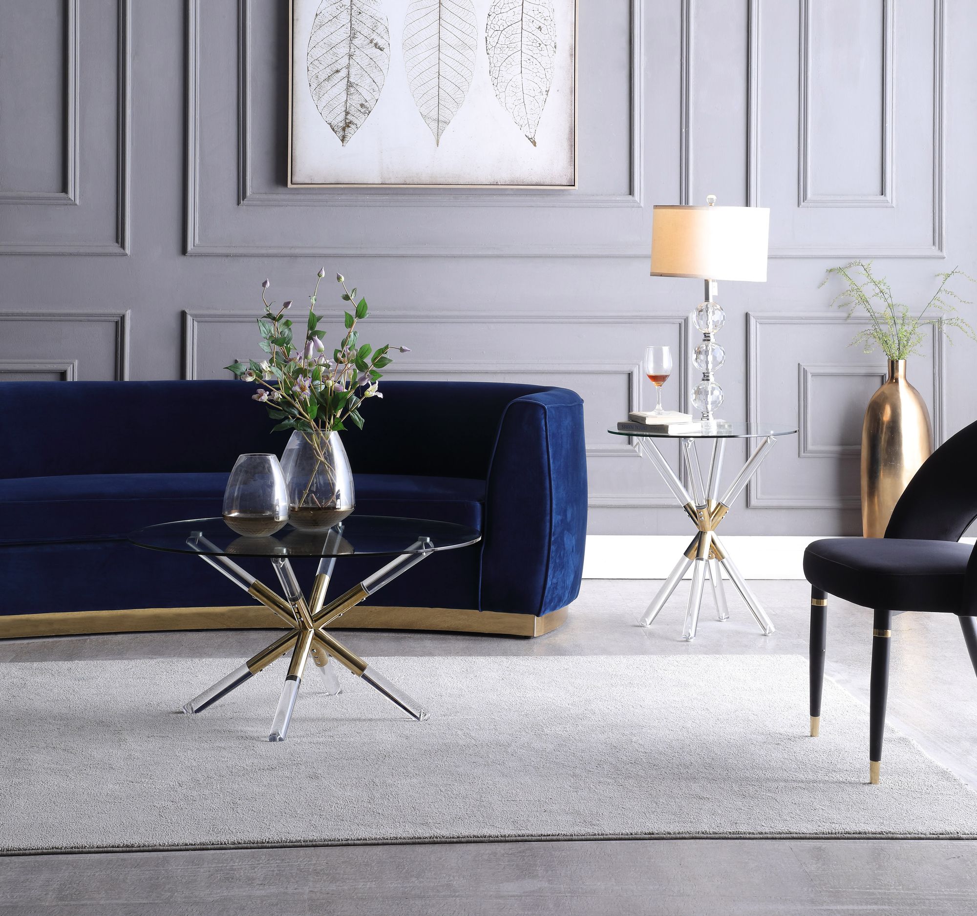 Mercury 34" Round Glass Coffee Table with Acrylic & Gold Metal Base