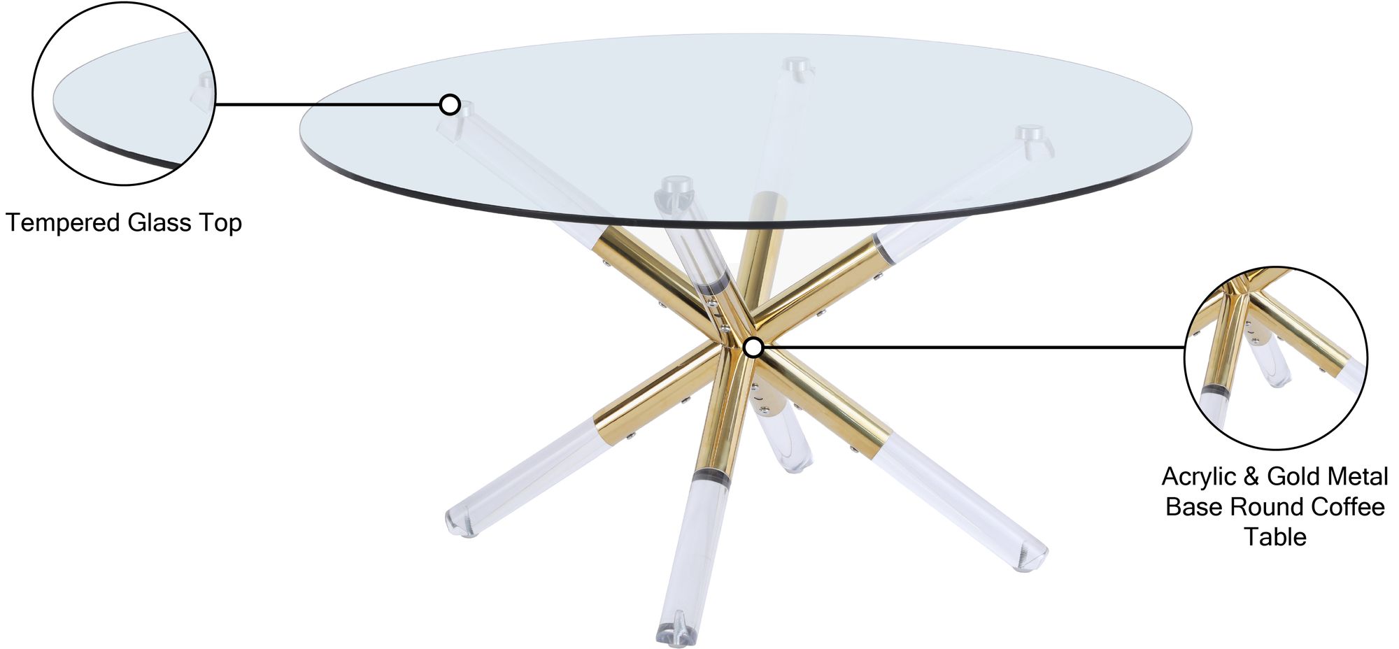 Mercury 34" Round Glass Coffee Table with Acrylic & Gold Metal Base