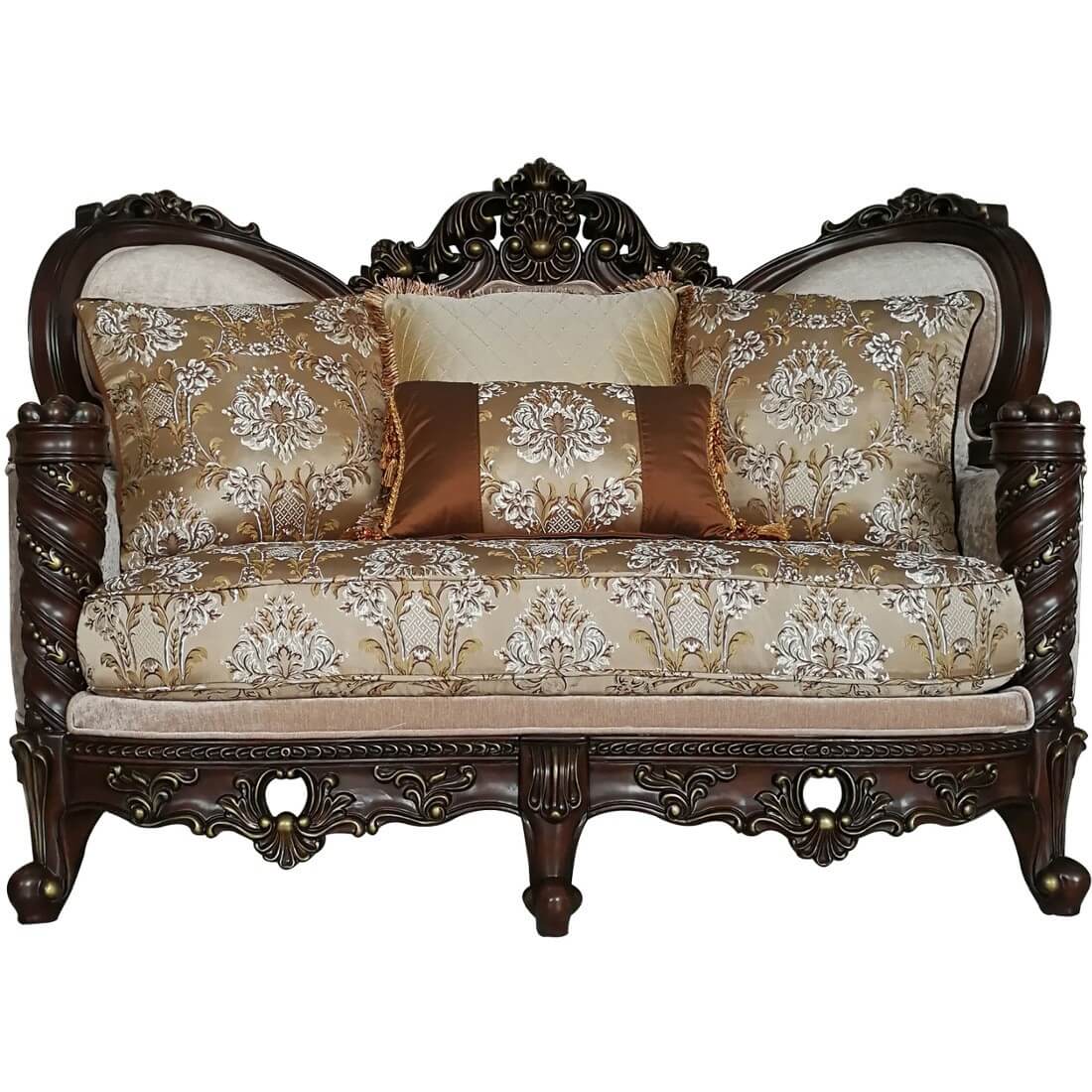 Traditional Style Wooden Sofa with 6 Pillows