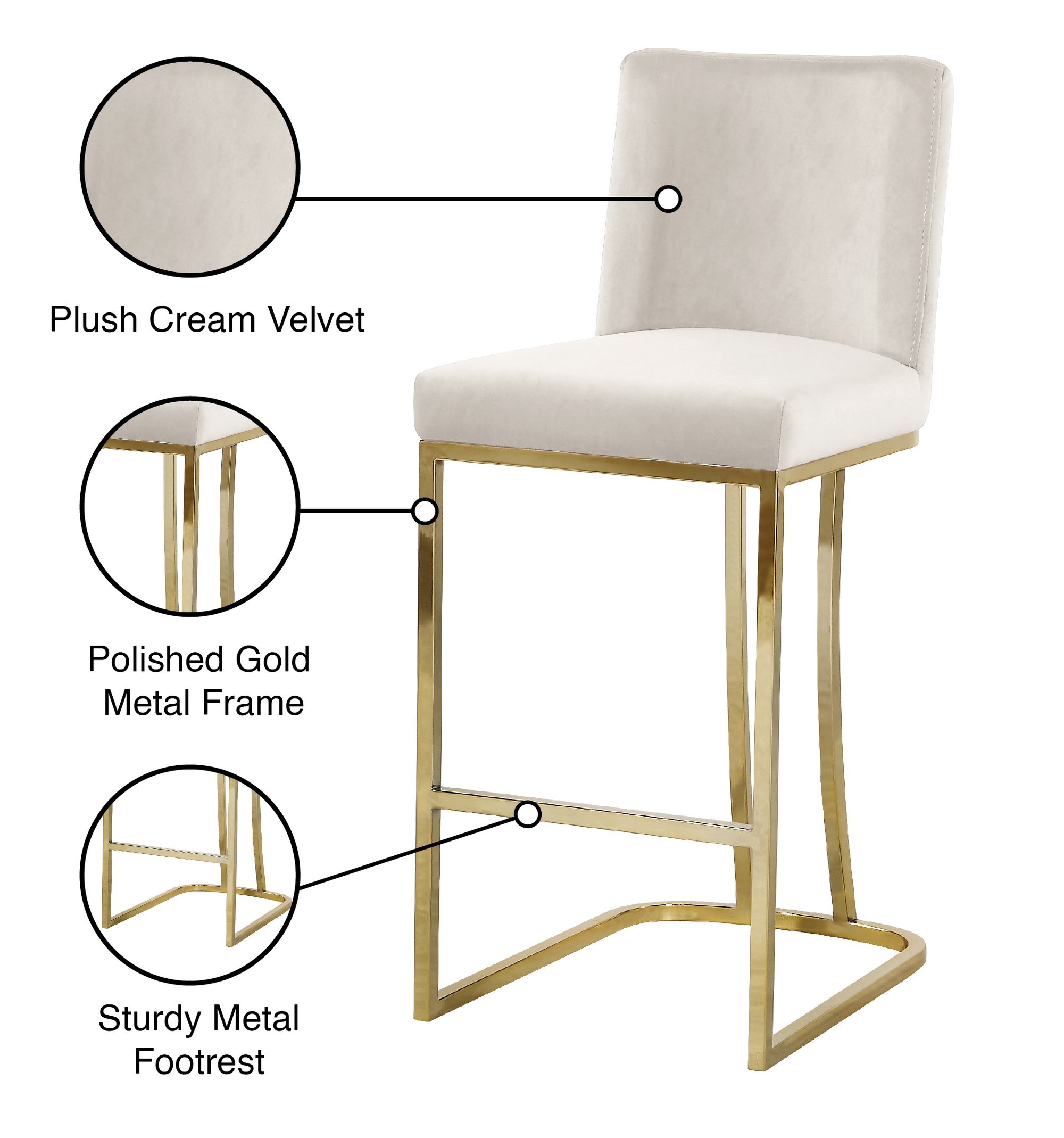 Heidi Velvet Counter Stool with Polished Gold Metal Frame