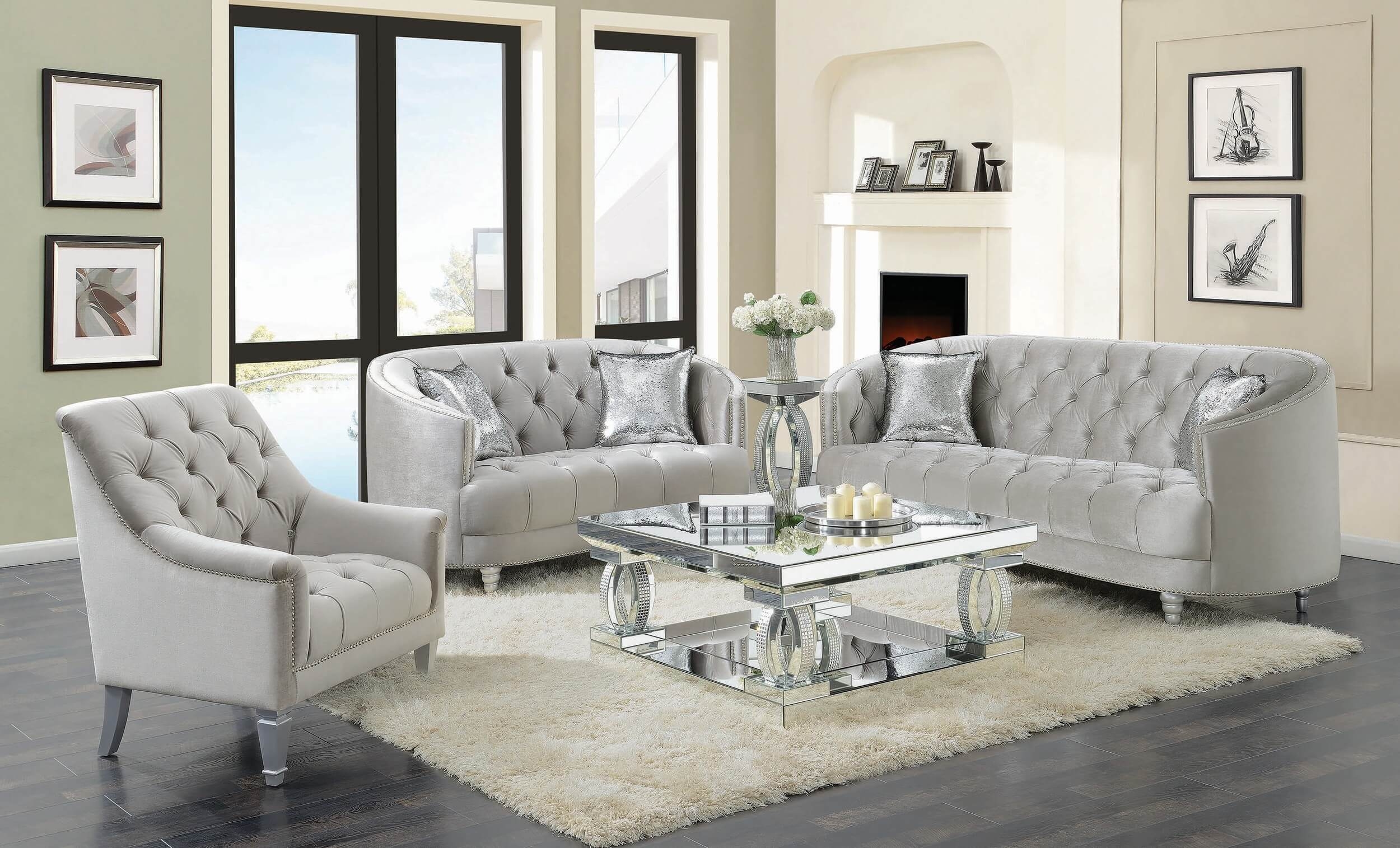 Avonlea Sloped Arm Tufted Fabric Living Room Set