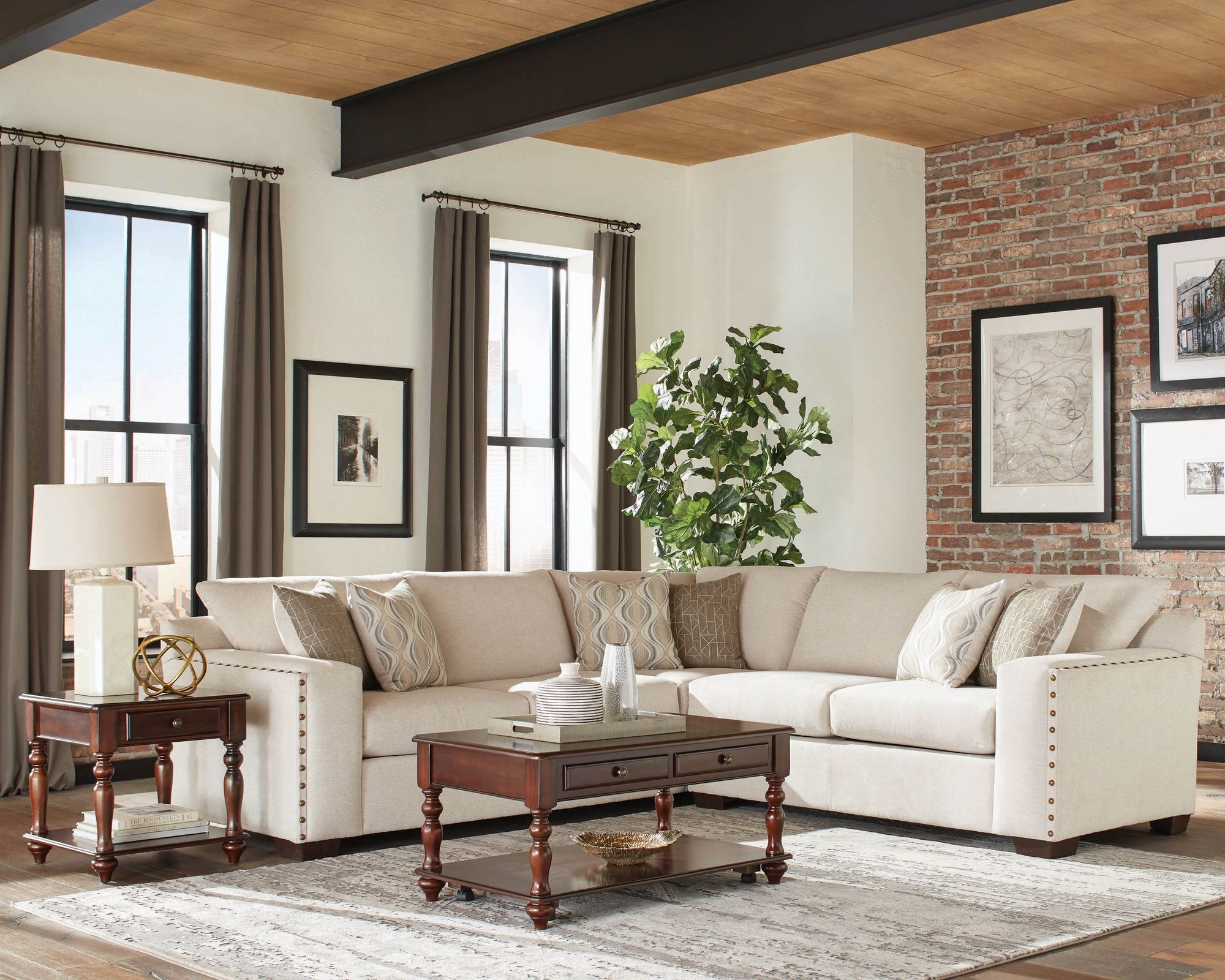 Aria Fabric L-Shape Sectional with Nailhead