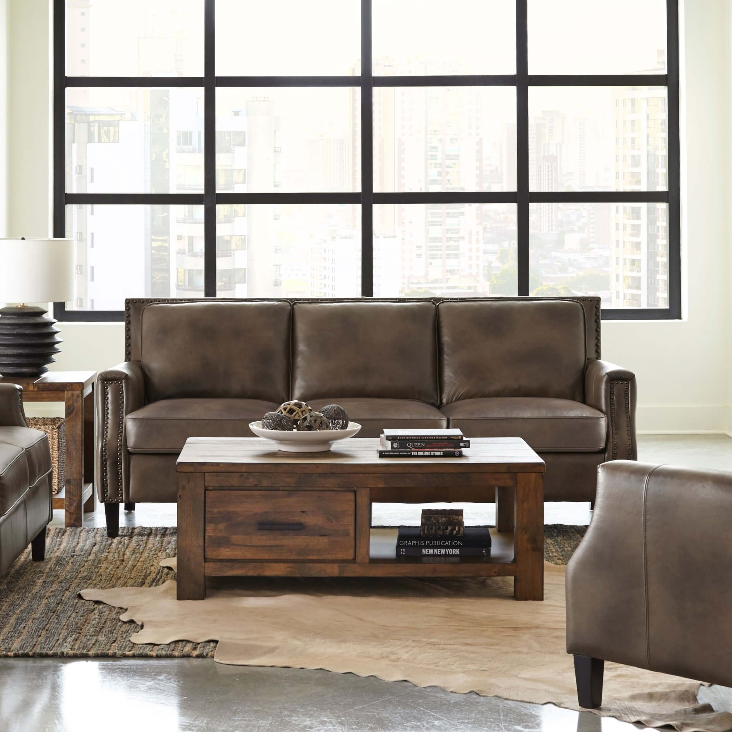 Leaton Recessed Arms Leather/Split Sofa